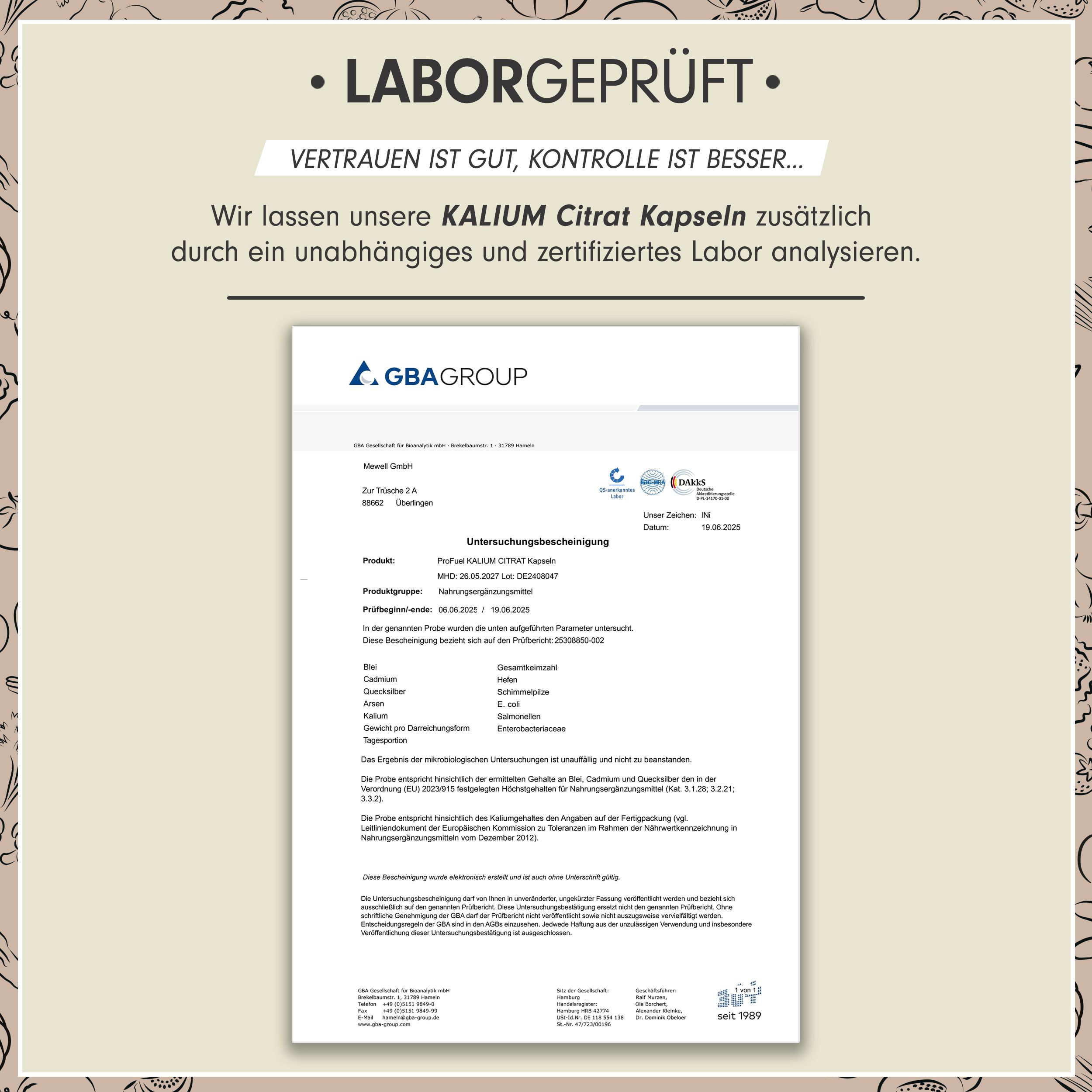 Laborbericht. Zertifikat der GBA Group. Bestätigung der Analyse von Kalium Citrat Kapseln. Enthält Informationen zu Produkt, Chargennummer, Analyseergebnissen.
