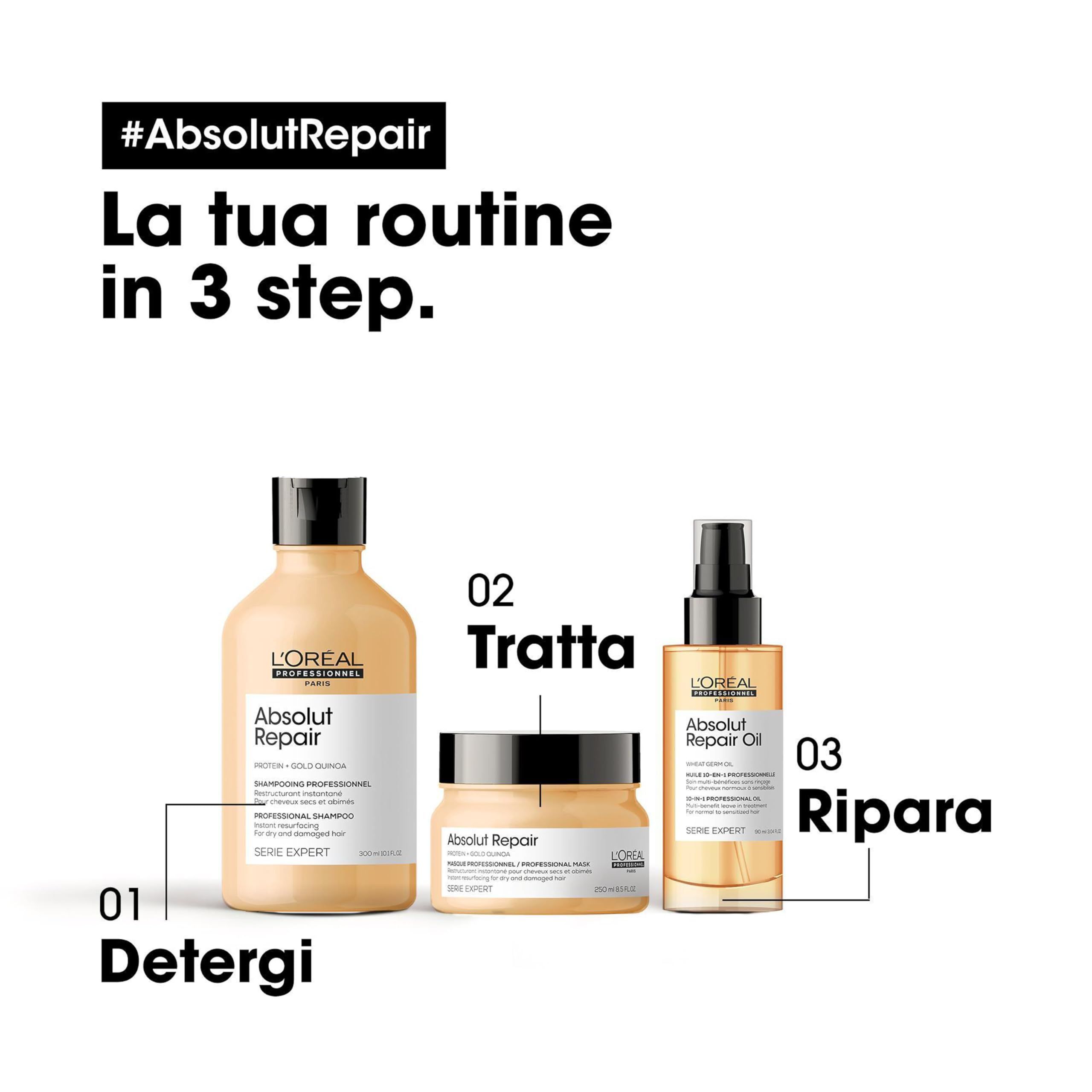 Drei Produkte von L'Oréal Professionnel: Shampoo, Maske und Öl. Text: Absolut Repair. Für trockenes, geschädigtes Haar.