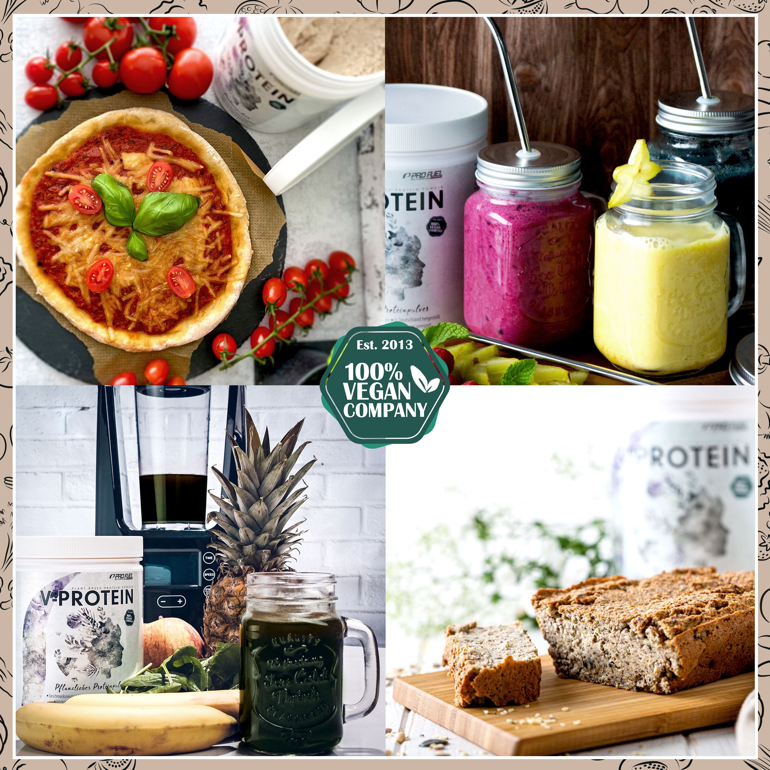 Collage mit "V-PROTEIN Classic" und Zubereitungen: Pizza, Smoothies, Brot. Vegan, 100% Vegan Company.