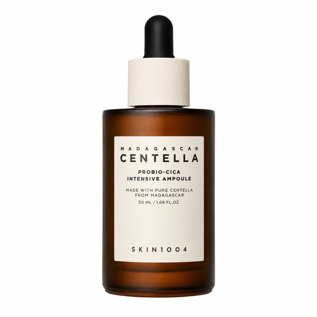 Braune Glasflasche mit Pipettenverschluss und Etikett: Madagascar Centella Probio-Cica Intensive Ampoule.