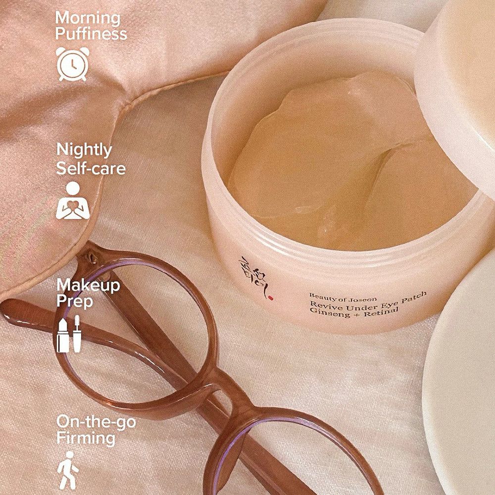 Beauty of Joseon Revive Under Eye Patch Ginseng + Retinal mit Brille und Schlafmaske.