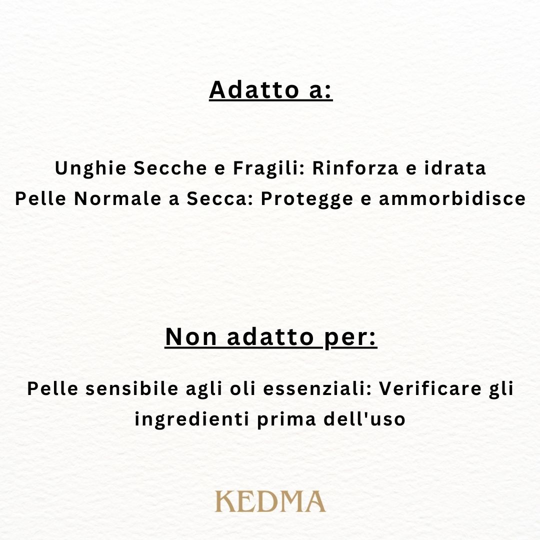 Testo: Non adatto per: Pelle sensibile agli oli essenziali: Verificare gli ingredienti prima dell'uso. KEDMA.
