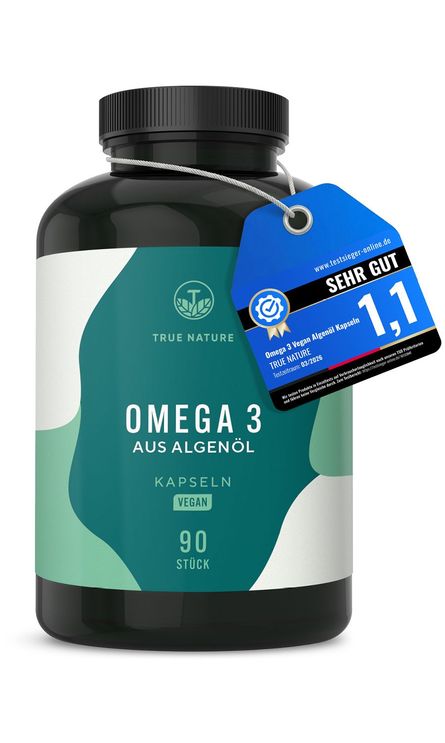 Schwarze Flasche mit Omega 3 Kapseln. Label mit Produktname, Vegan-Hinweis und 90 Stück. Blaue Auszeichnung: Sehr gut 1,1.