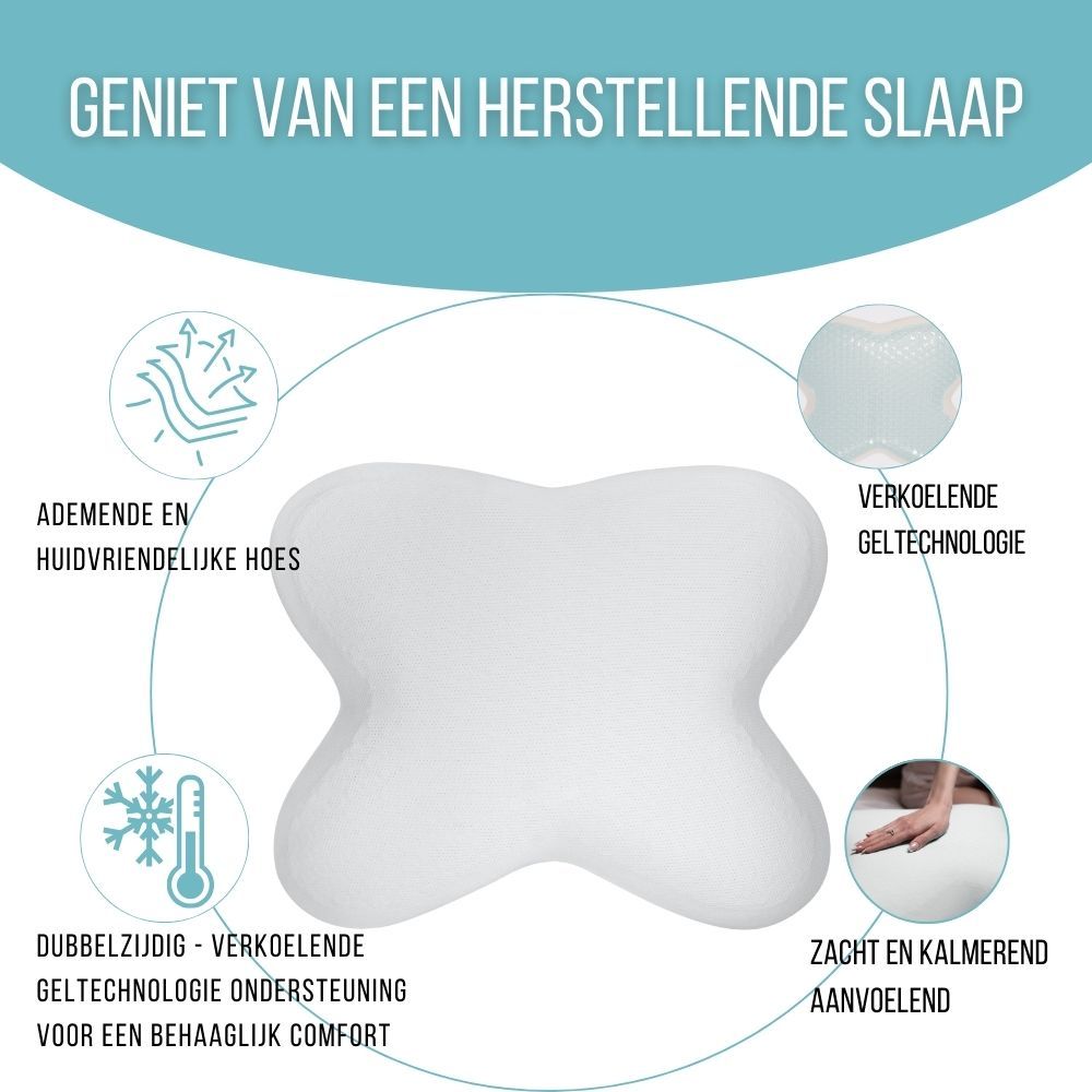 Wit vlinderkussen. Tekst: Ademende hoes, koelende geltechnologie, zacht.