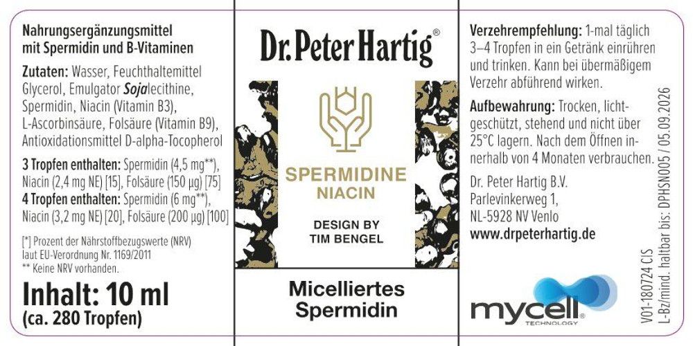 Etikett mit Produktinformationen. Enthält Spermidin und B-Vitamine. Dosierung, Inhaltsstoffe, Hersteller.