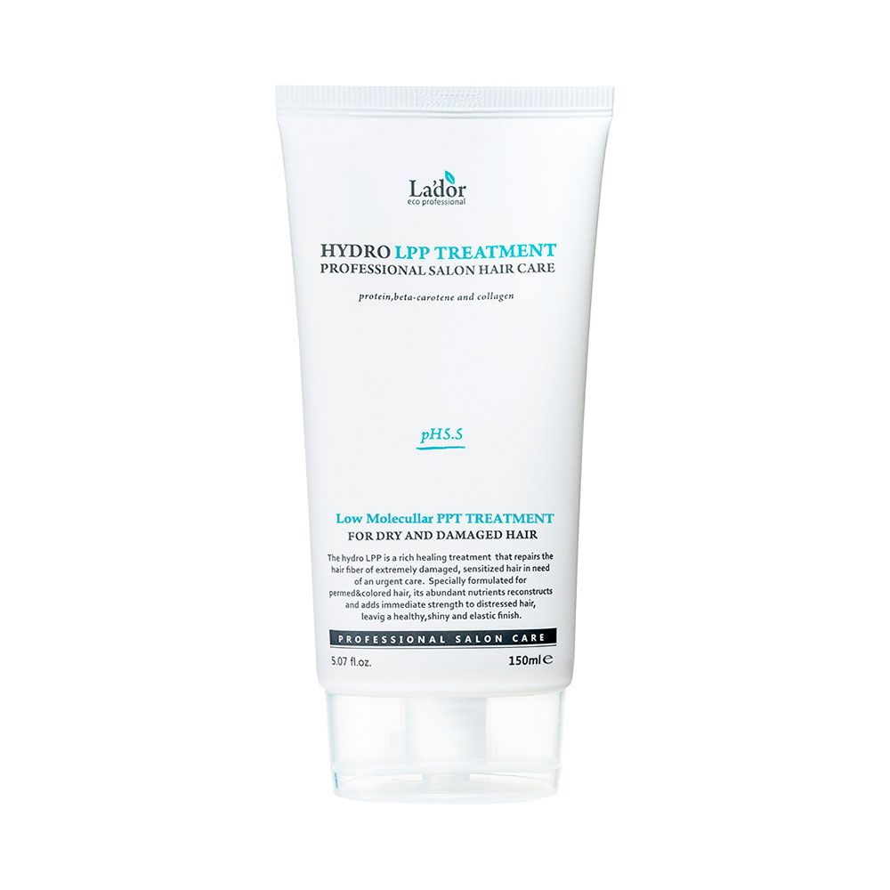 Weiße Tube mit LADOR Hydro LPP Treatment für trockenes und geschädigtes Haar, 150ml.