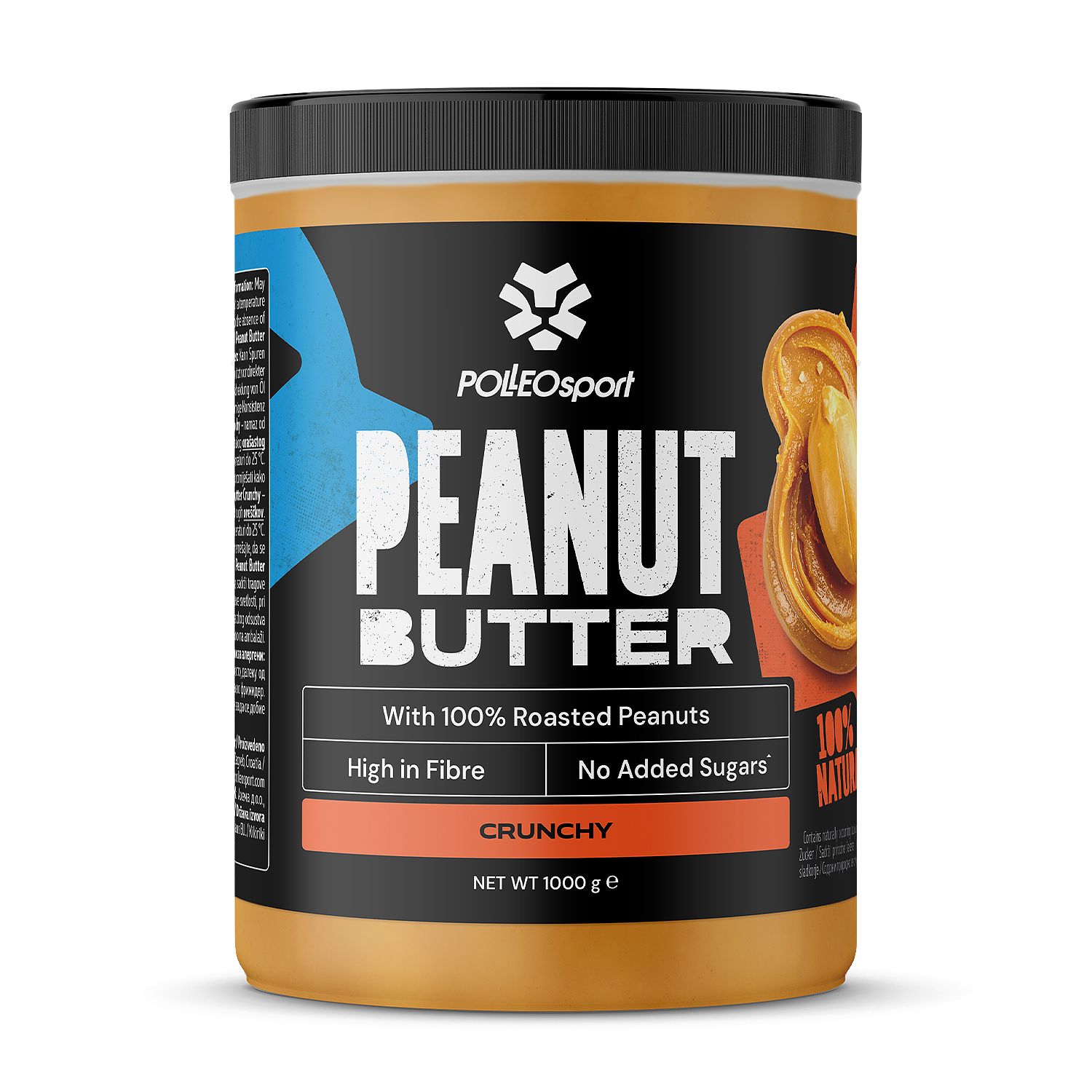 Erdnussbutter-Behälter. Aufschrift: Polleo Sport, Peanut Butter, Crunchy, With 100% Roasted Peanuts, No Added Sugars, High in Fibre, 100% Natural.