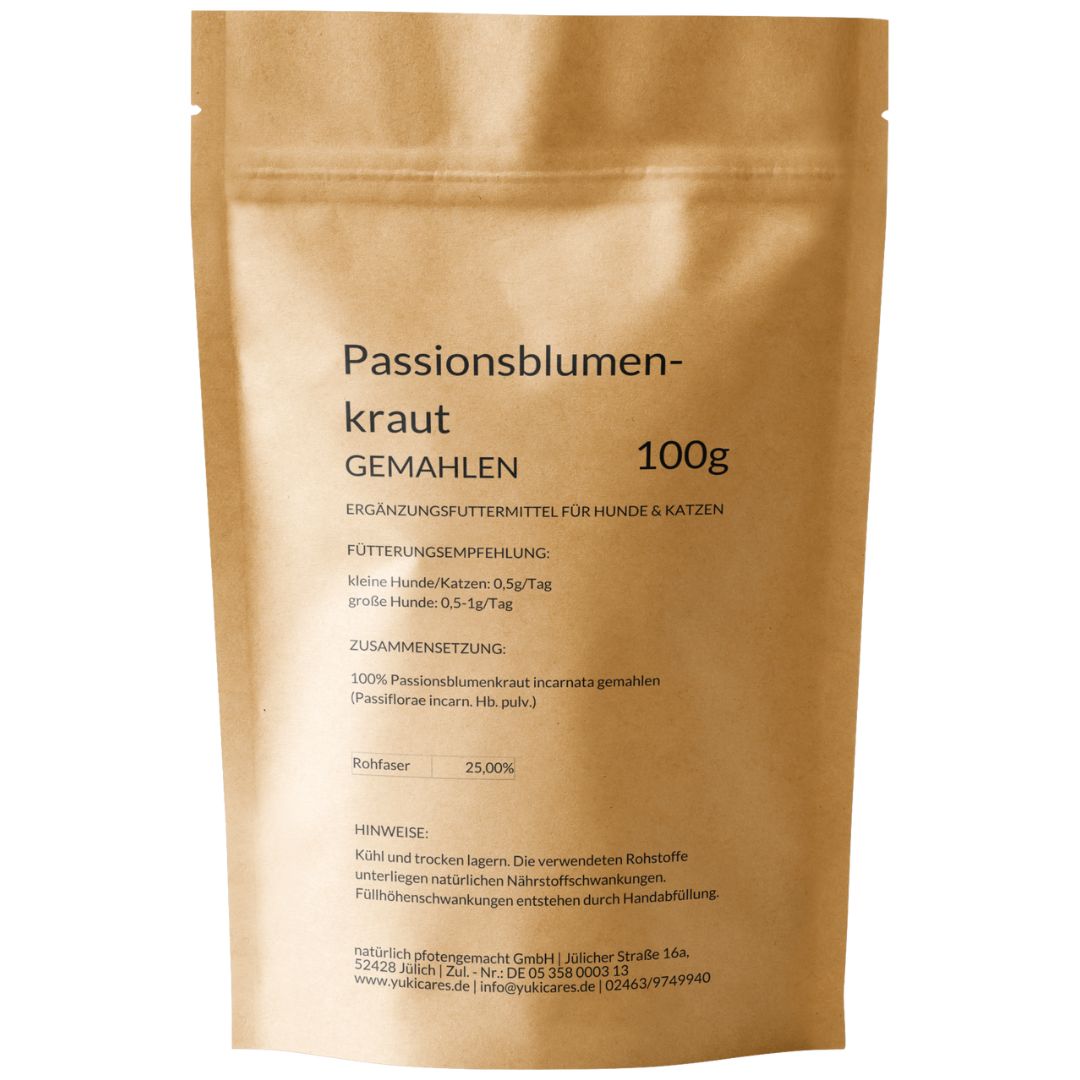 Beutel mit Passionsblumenkraut, gemahlen, 100g. Ergänzungsfuttermittel für Hunde und Katzen. Braune Verpackung mit Text.