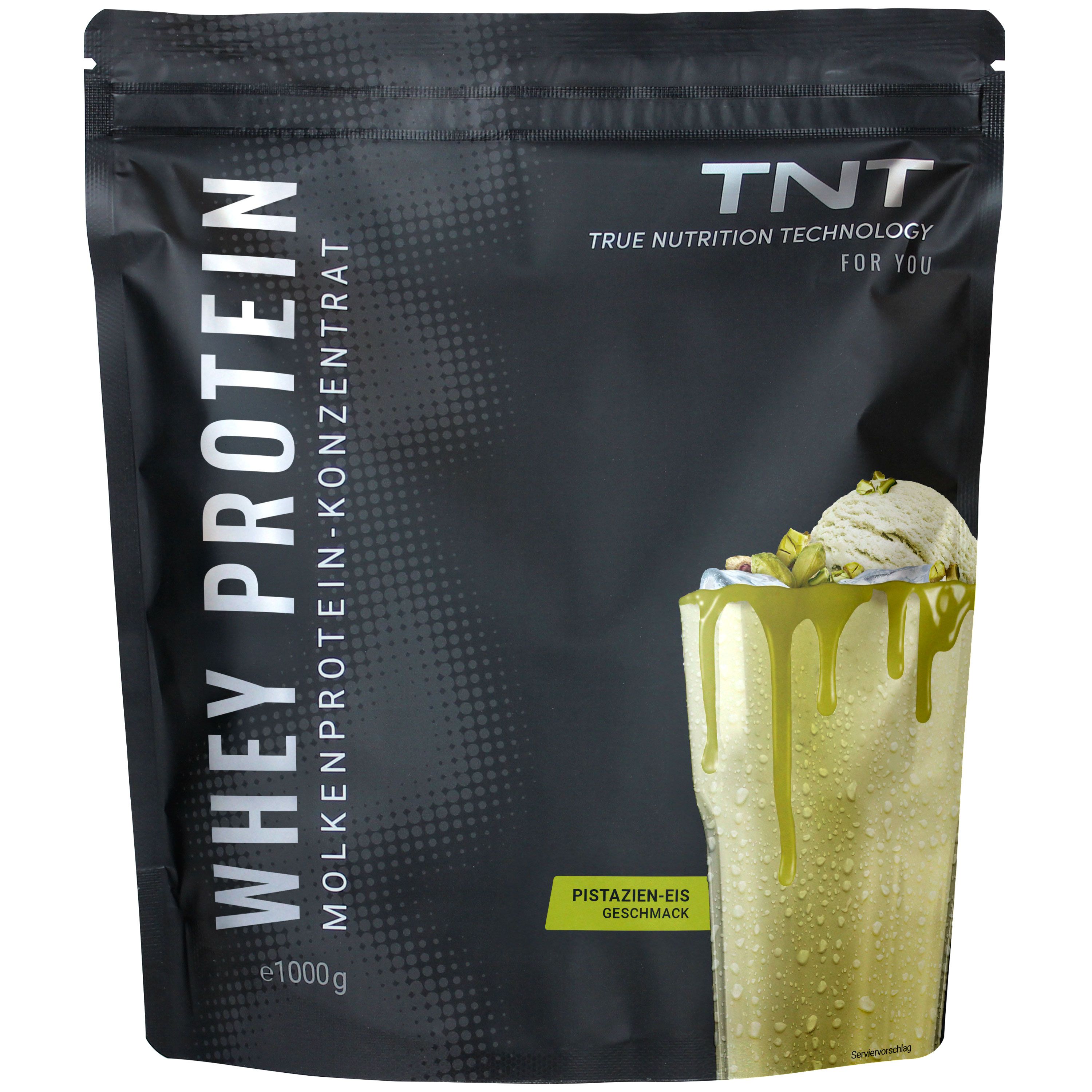 Schwarze Tüte TNT Whey Protein Konzentrat. Pistazieneis-Geschmack. Abbildung eines Pistazieneis-Getränks. Text: WHEY PROTEIN MOLKENPROTEIN-KONZENTRAT.