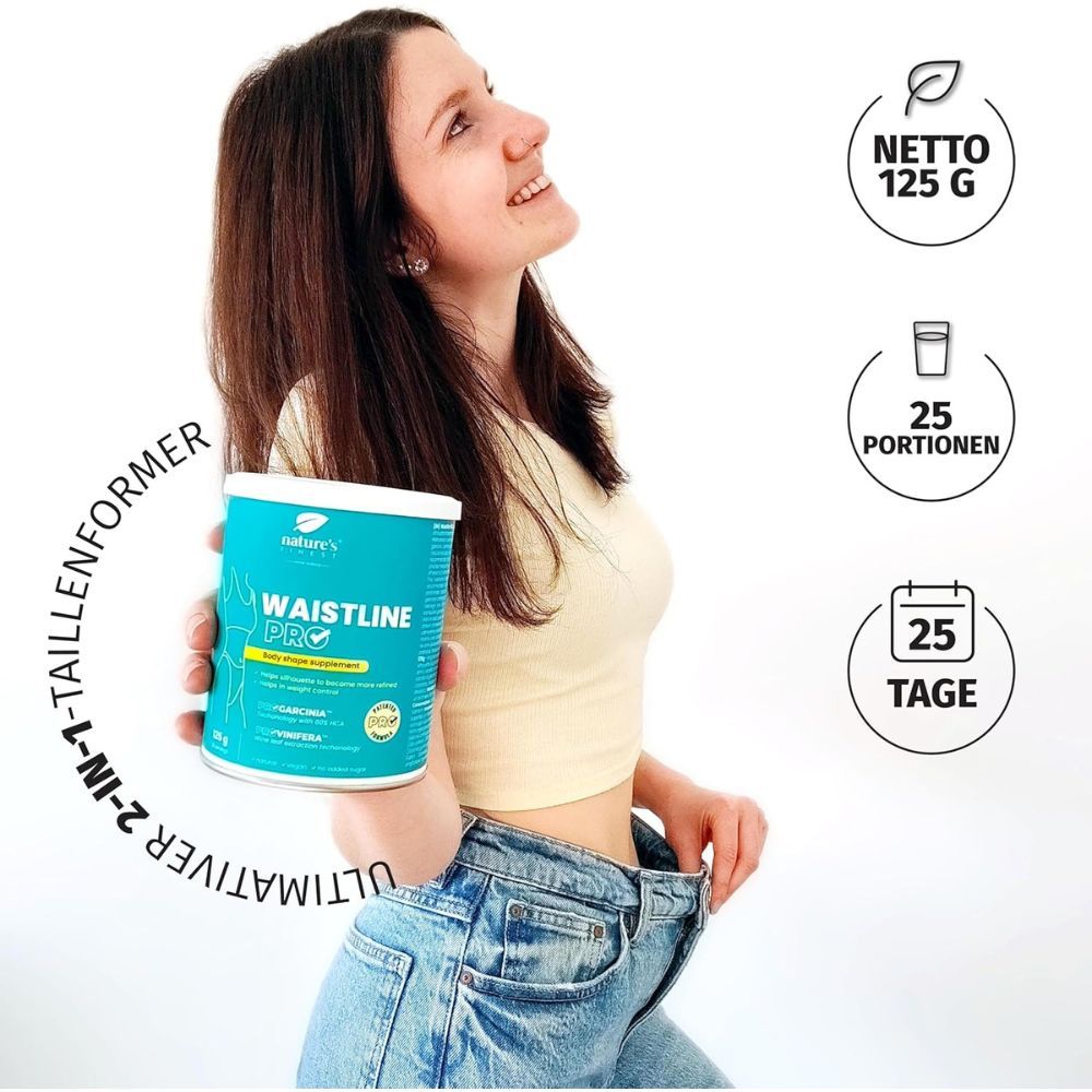 Frau hält blaue Dose "Waistline Pro". Text: "Ultimate 2-in-1". 125g, 25 Portionen, 25 Tage.