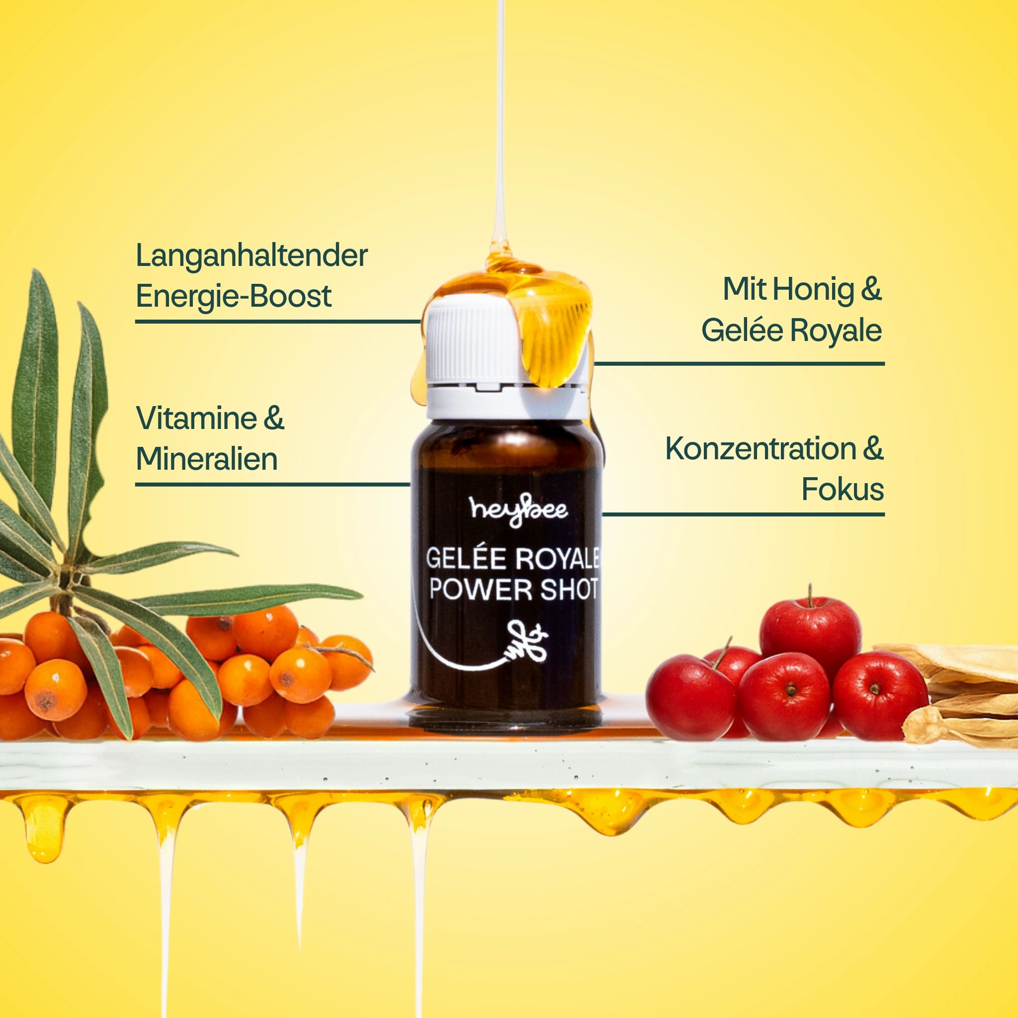 Heybee Gelée Royale Power Shot Fläschchen mit Honig und Früchten. Text: Energie-Boost, Vitamine, Fokus.