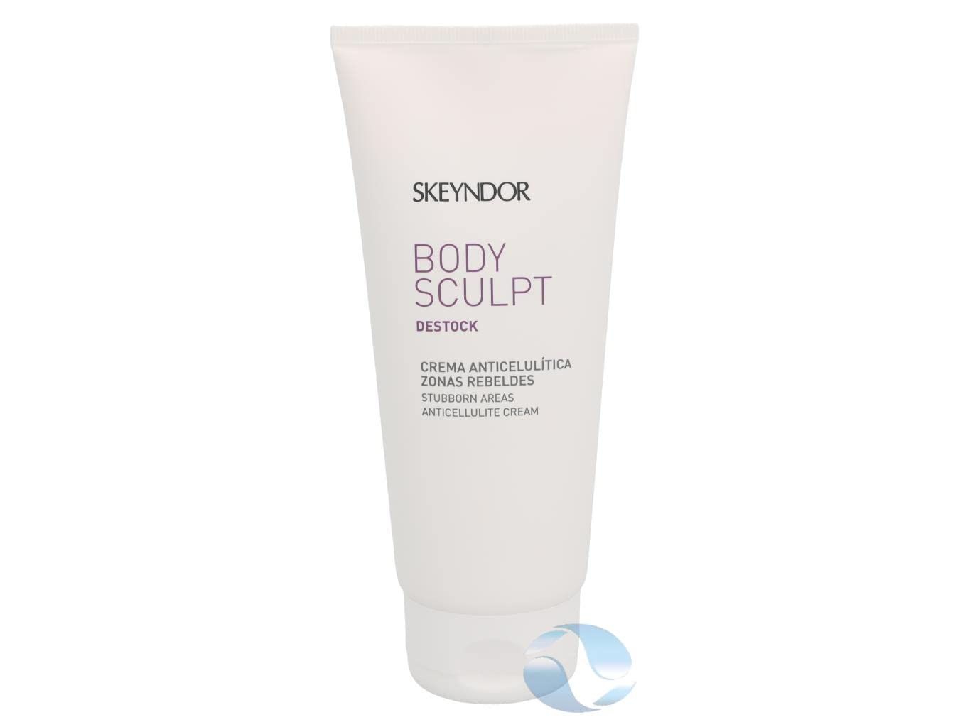 Weiße Tube mit Produktnamen und Text. Marke Skeyndor. Aufschrift: Body Sculpt Destock Anti-Cellulite Creme.