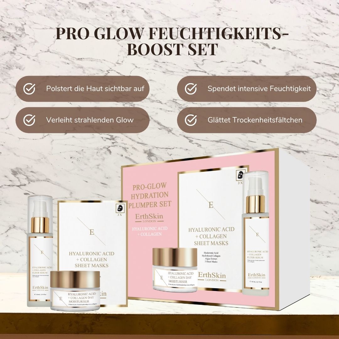 ErthSkin London PRO GLÖH HYDRATION PLUMPER SET. Rosa-weiße Verpackung mit Produkten. Text: PRO GLOW FEUCHTIGKEITS-BOOST SET.