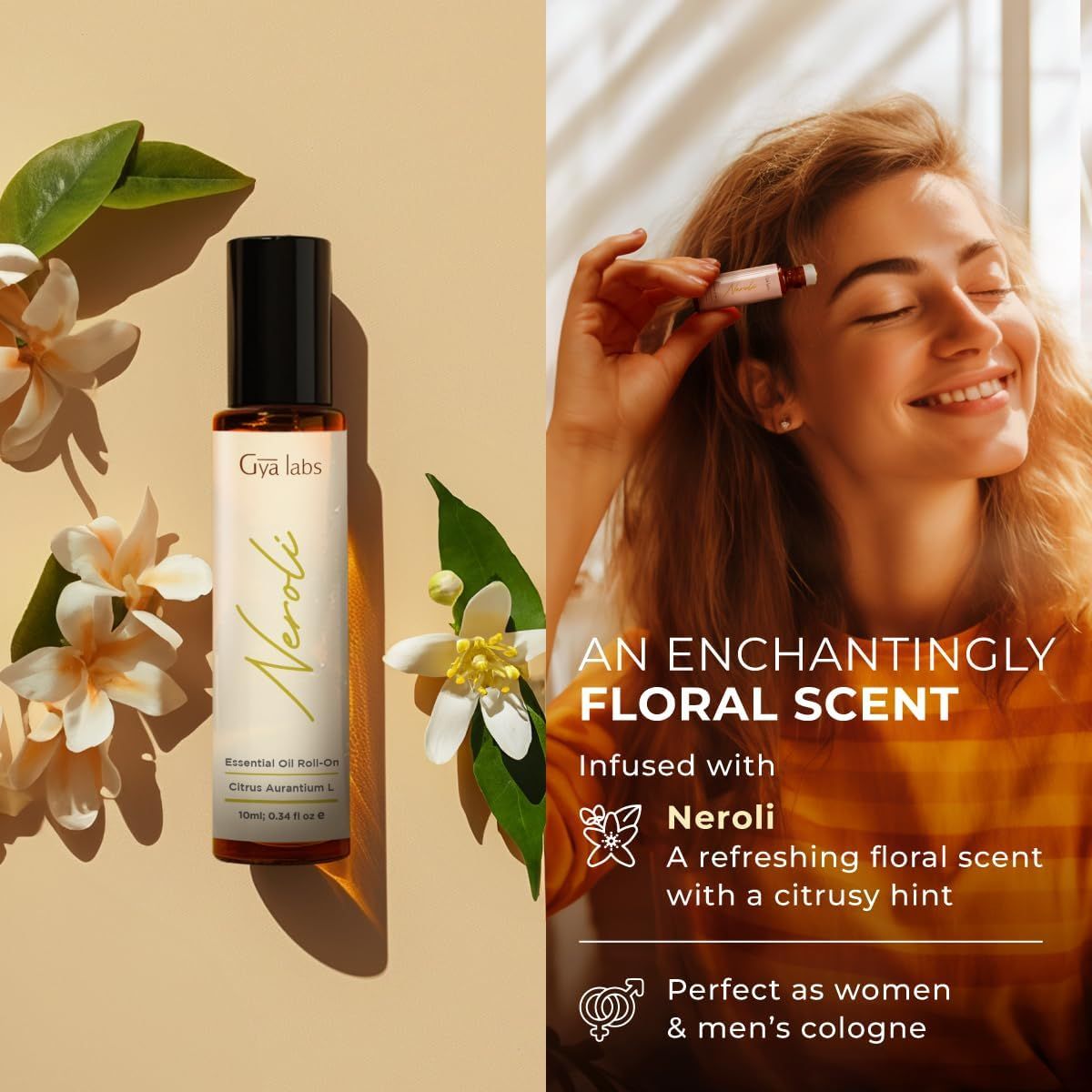 Neroli Öl Roll-on von Gya Labs. Flasche mit schwarzem Deckel, daneben Blüten und eine Frau, die das Produkt verwendet. Text: „An Enchantingly Floral Scent“.
