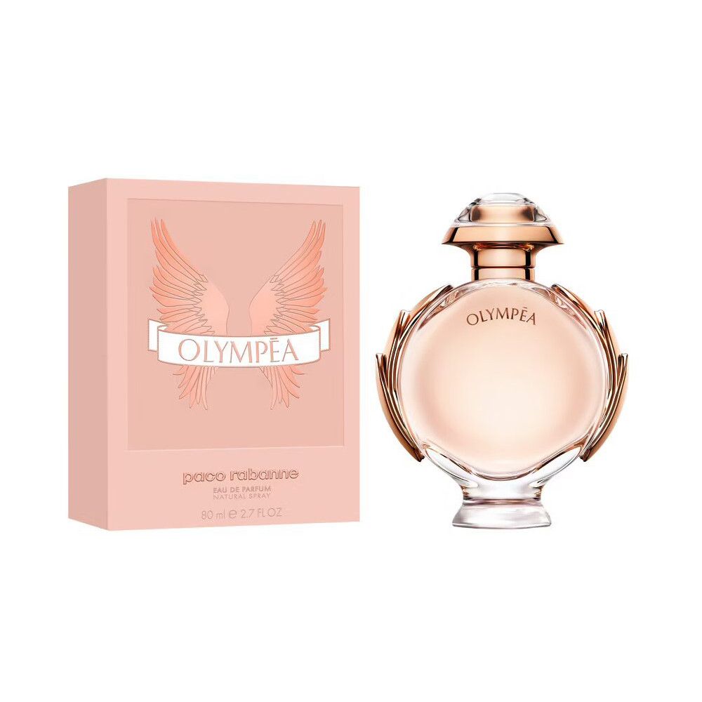 Olympéa-Parfümflakon und -Verpackung. Rosa Flakon mit goldenen Verzierungen. Rosa Verpackung mit Flügel-Logo und Schriftzug Olympéa.