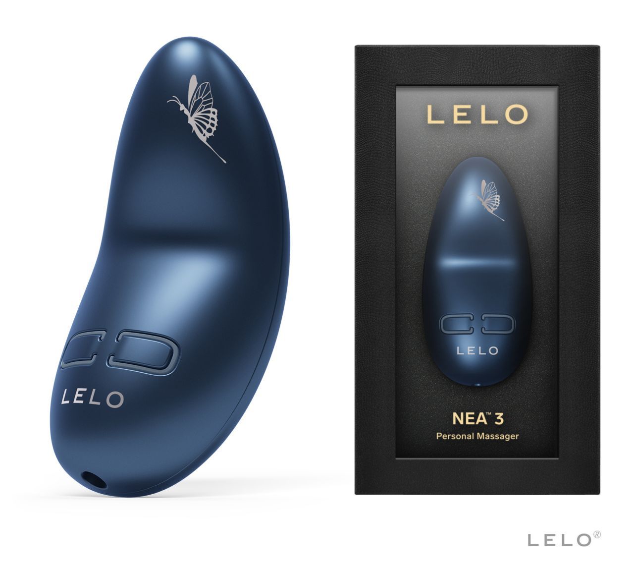 Blauer Vibrator mit Schmetterlingsmuster und zwei Knöpfen. Marke LELO.