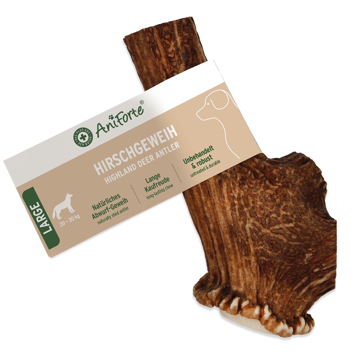 Hirschgeweih, braun, mit Produktverpackung. Text: "AniForte", "Hirschgeweih", "Large", "20-30 kg".