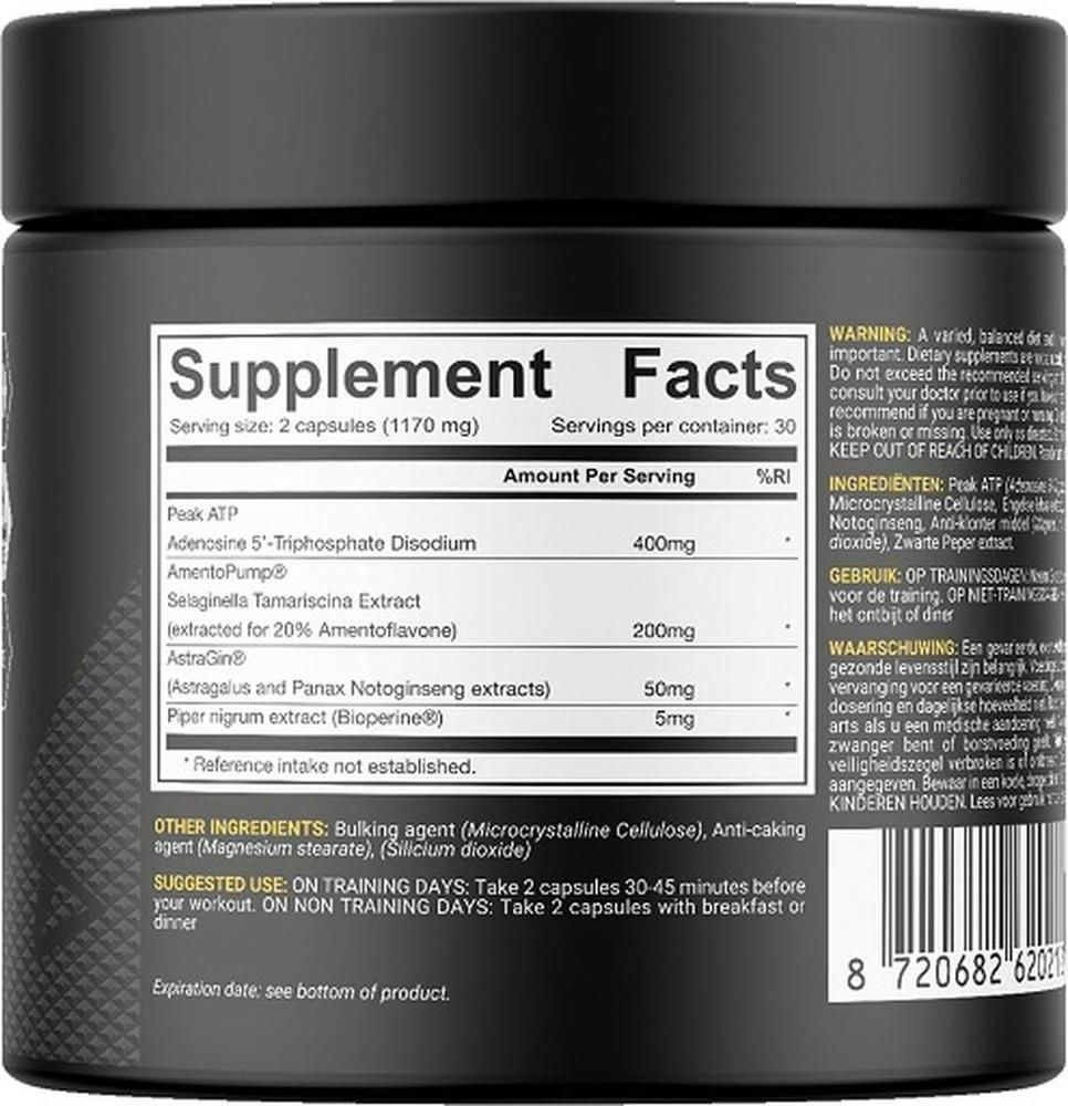 Rückseite einer schwarzen Dose. Text: Supplement Facts, Zutaten, Gebrauchsanweisung, Warnhinweise, Barcode.