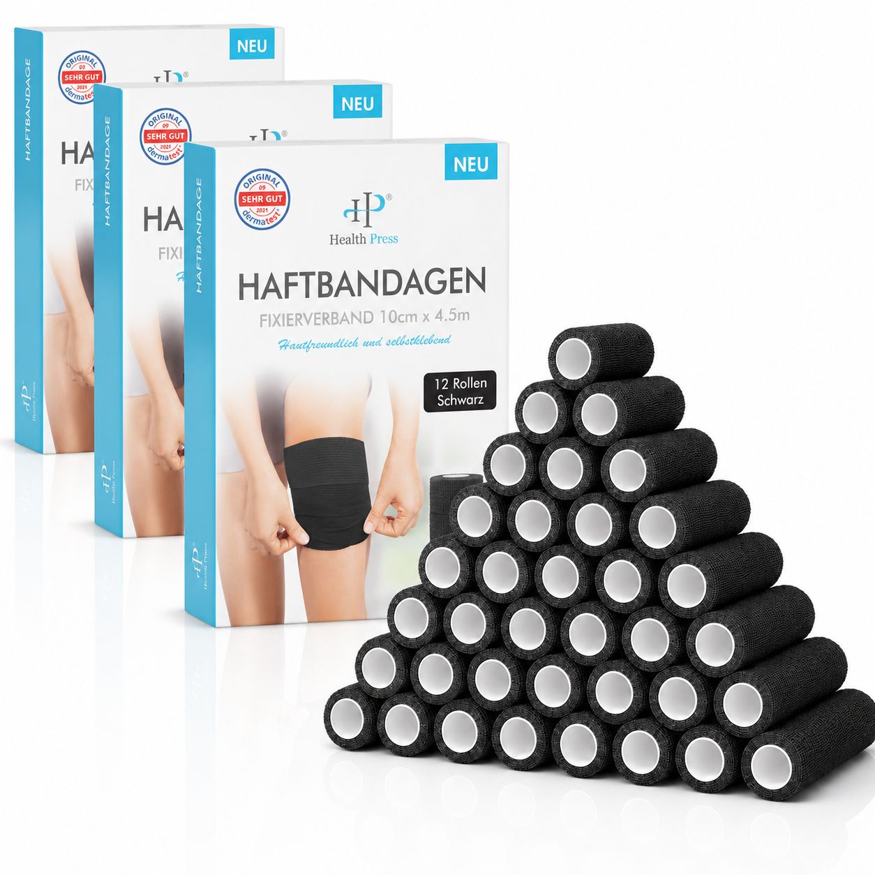 Verpackungen von Health Press Haftbandagen, 12 Rollen schwarz, 10cm x 4,5m.