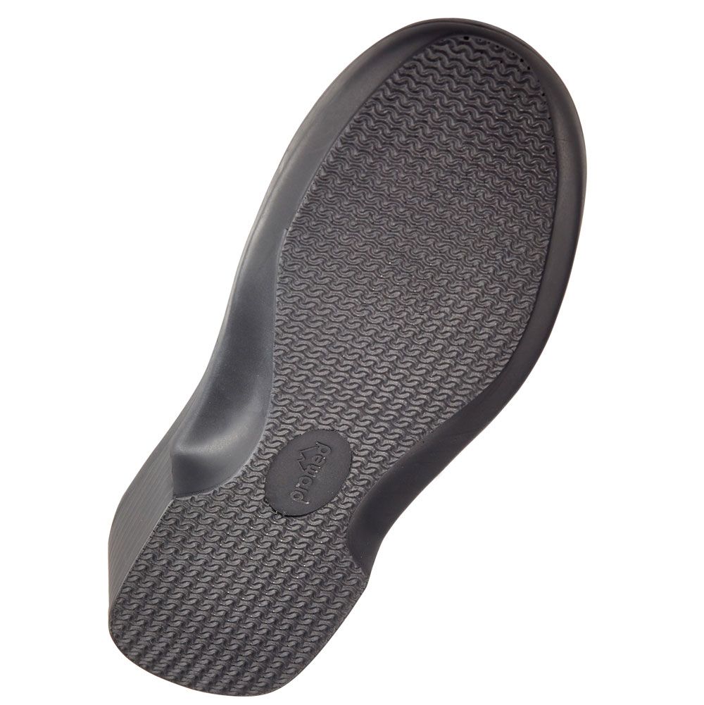 Schwarze Schuhsohle mit Profil. Herstellerlogo. Leichte Erhöhung im Fersenbereich.