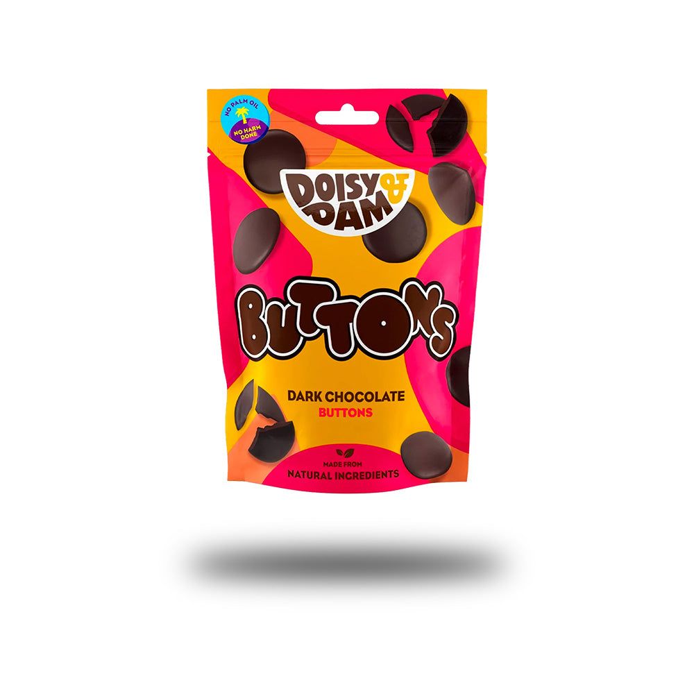 Verpackung mit dunklen Schokoladenknöpfen. Rosa-gelbes Design mit Produktnamen und Logo. Enthält dunkle Schokolade.
