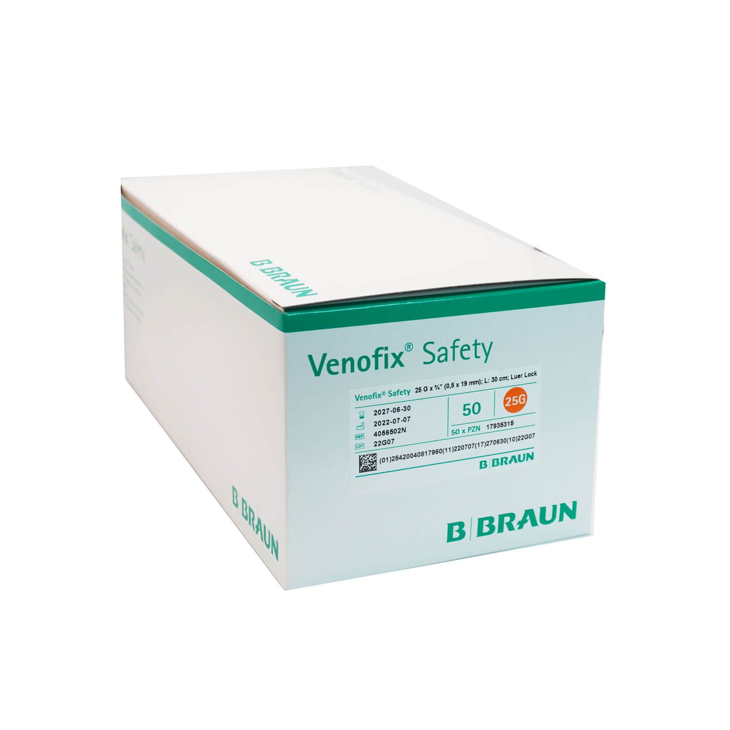 Karton mit 'VenoFix Safety'. Enthält 50 Stück. Mit Produktinformationen und CE-Kennzeichnung.