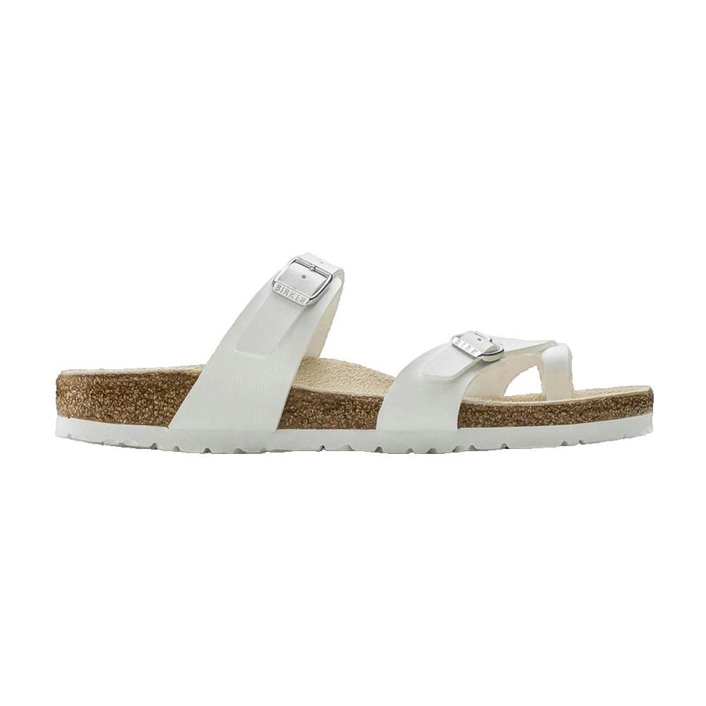 Sandalo Birkenstock Boston Felt bianco. Plantare in sughero, due cinturini con fibbie. Vista laterale.