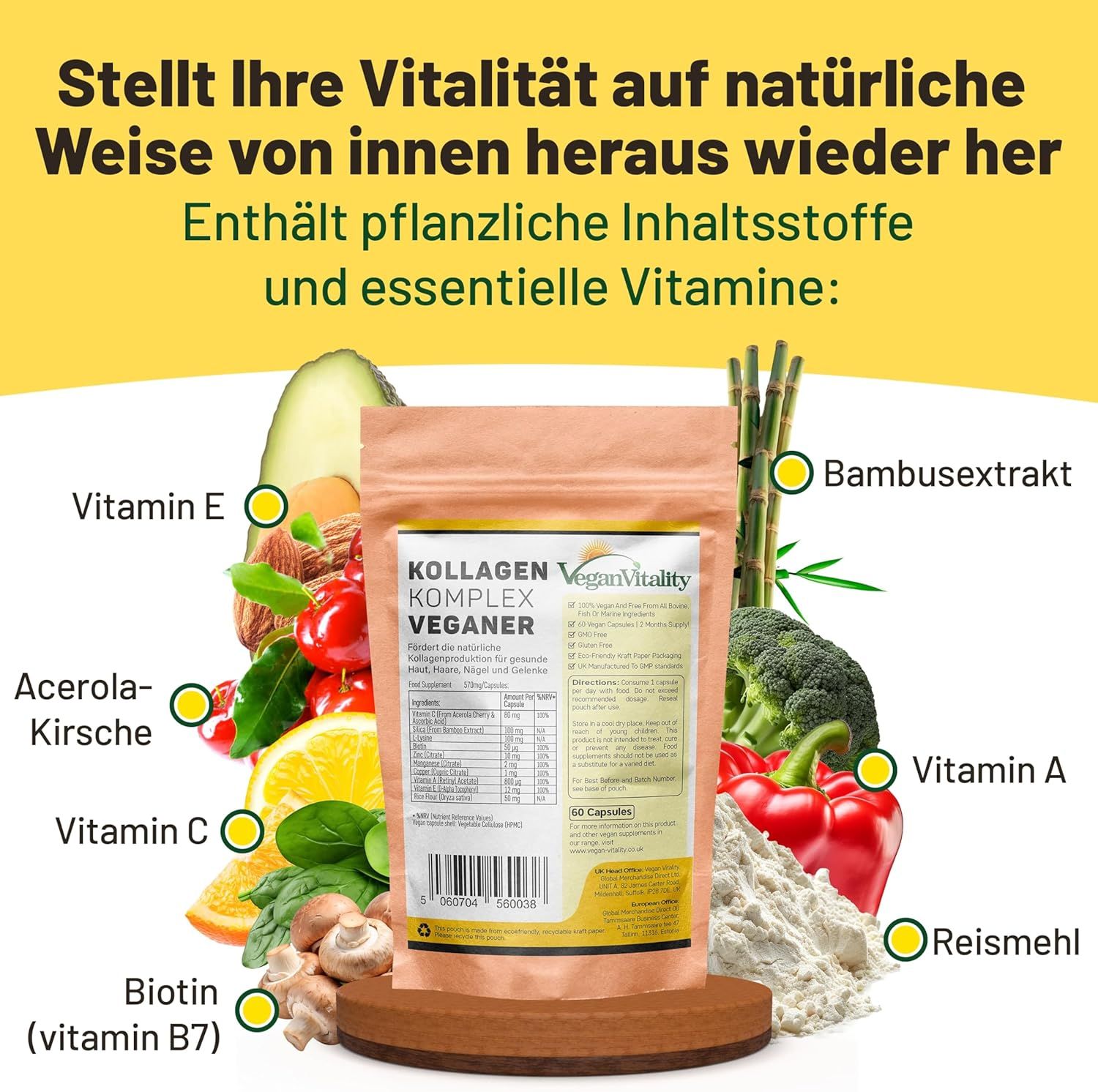 Beutel mit Vegan Vitality Kollagen Kapseln, umgeben von Zutaten wie Avocado, Brokkoli, Pilzen. Enthält pflanzliche Inhaltsstoffe und Vitamine: Vitamin E, Vitamin C, Biotin, Vitamin A.