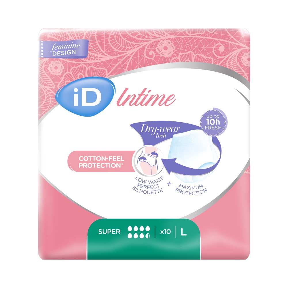 Verpackung iD Intime Pants Super L. Rosa und weißes Design. Text: feminine design, Dry-wear tech, Cotton-Feel Protection, bis zu 10h fresh.