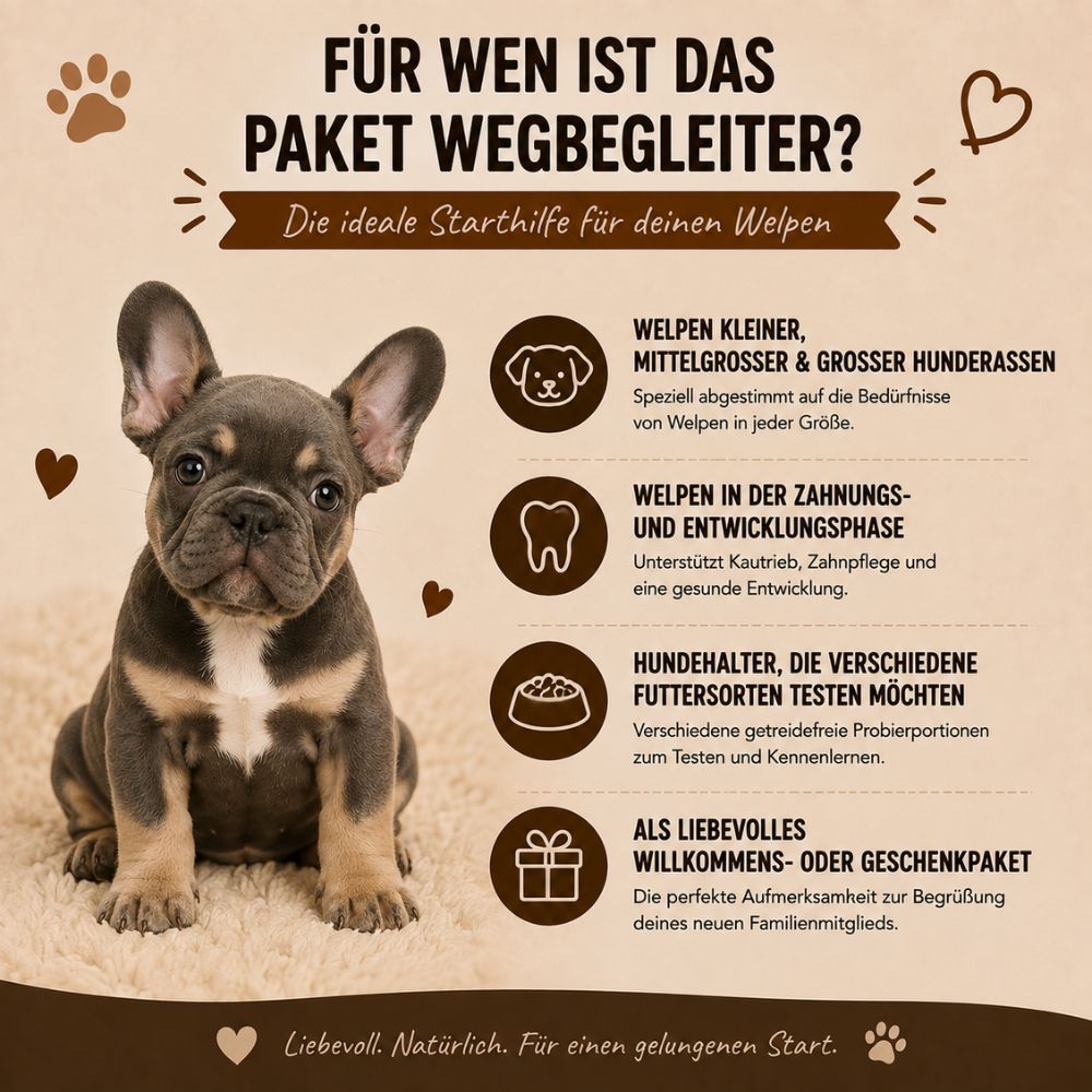 Für wen das Welpen Paket "Willkommen Wegbegleiter" geeignet ist: Welpen aller Größen, in der Zahnungsphase, Hundebesitzer.