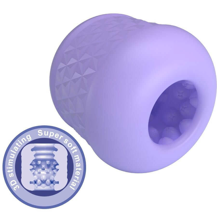 Lila Masturbator. Zylindrische Form mit geometrischem Muster und Öffnung. Abzeichen mit Text.