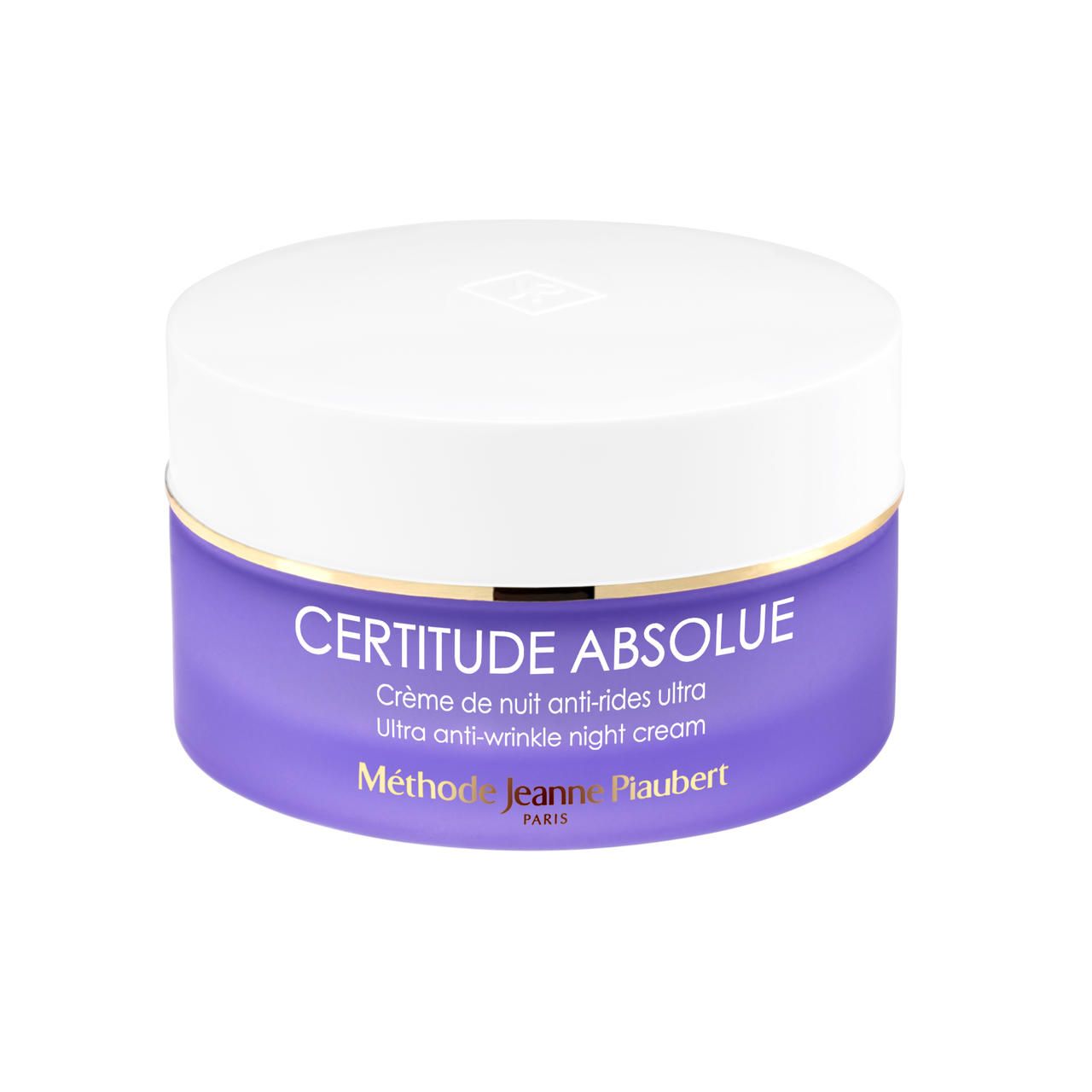 Creme-Dose mit weißem Deckel und lila Behälter. Aufschrift: Certitude Absolue, Crème de Nuit Anti-Rides Ultra. Marke: Jeanne Piaubert.