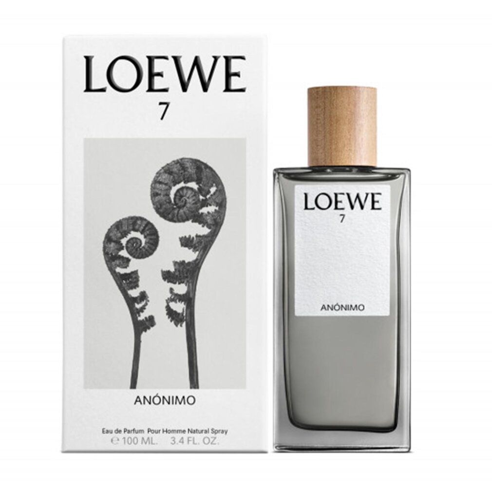 Flakon und Verpackung. Flakon rechteckig mit Holzdeckel. Verpackung weiß mit Farnzeichnung und "LOEWE 7 ANÓNIMO".