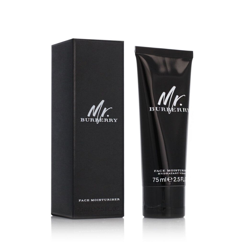 Schwarze Tube und Verpackung mit "Mr. Burberry"-Logo und "Face Moisturiser". 75ml. Marke Burberry.
