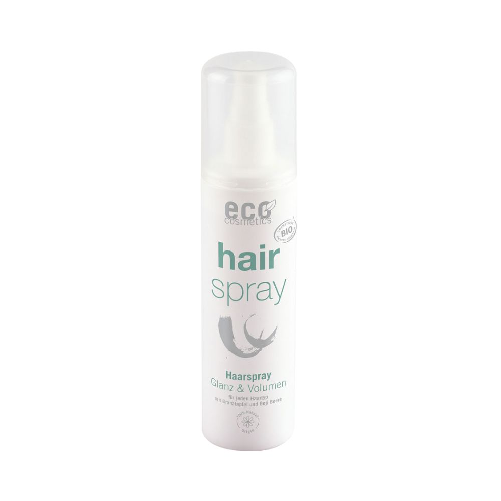 Weißes Haarspray mit durchsichtigem Deckel. Aufschrift: eco cosmetics, hair spray, Glanz & Volumen. Bio-Siegel.
