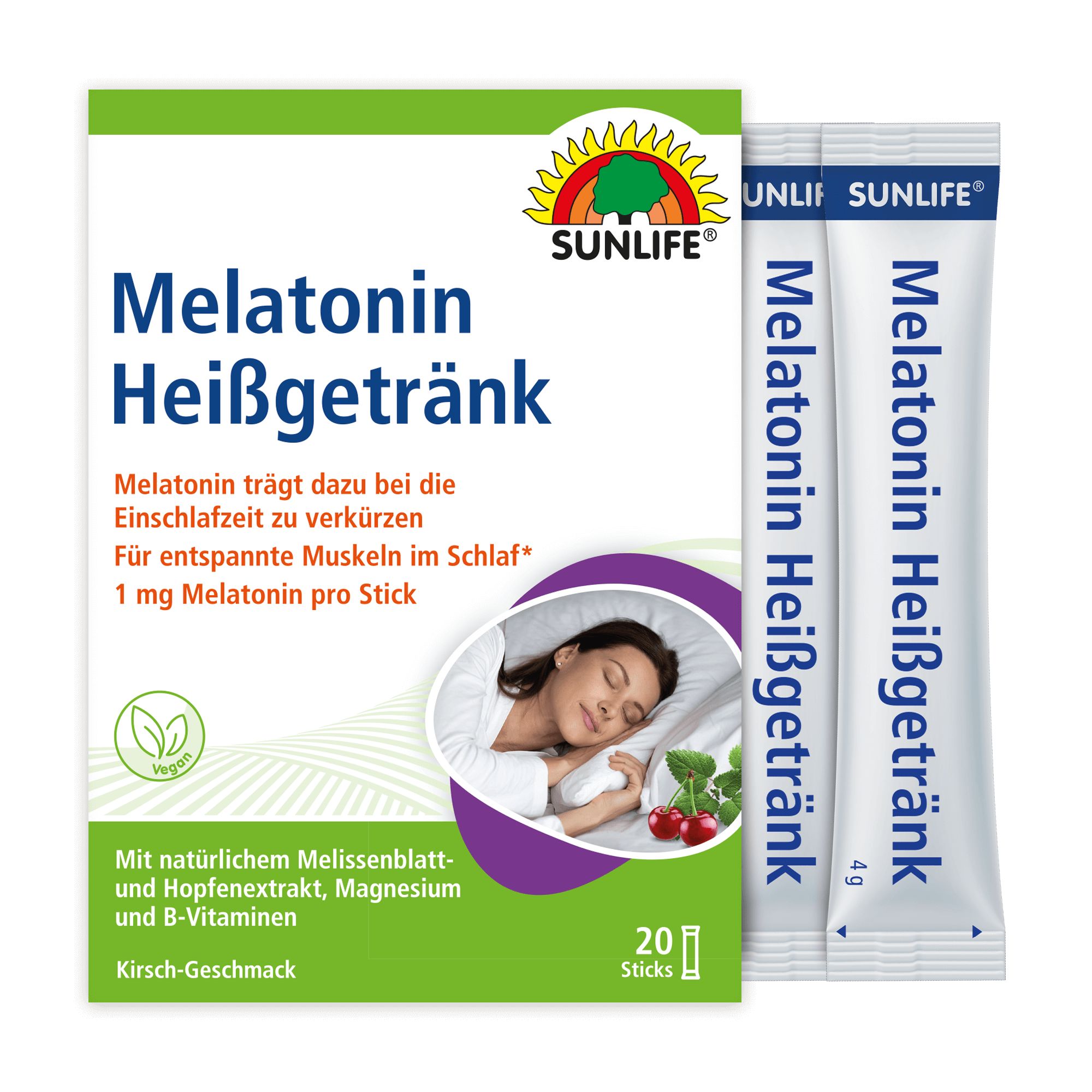 SUNLIFE® Melatonin Heißgetränk Packung und zwei Sticks. Produktinformationen und Abbildung einer schlafenden Person. Kirschgeschmack.
