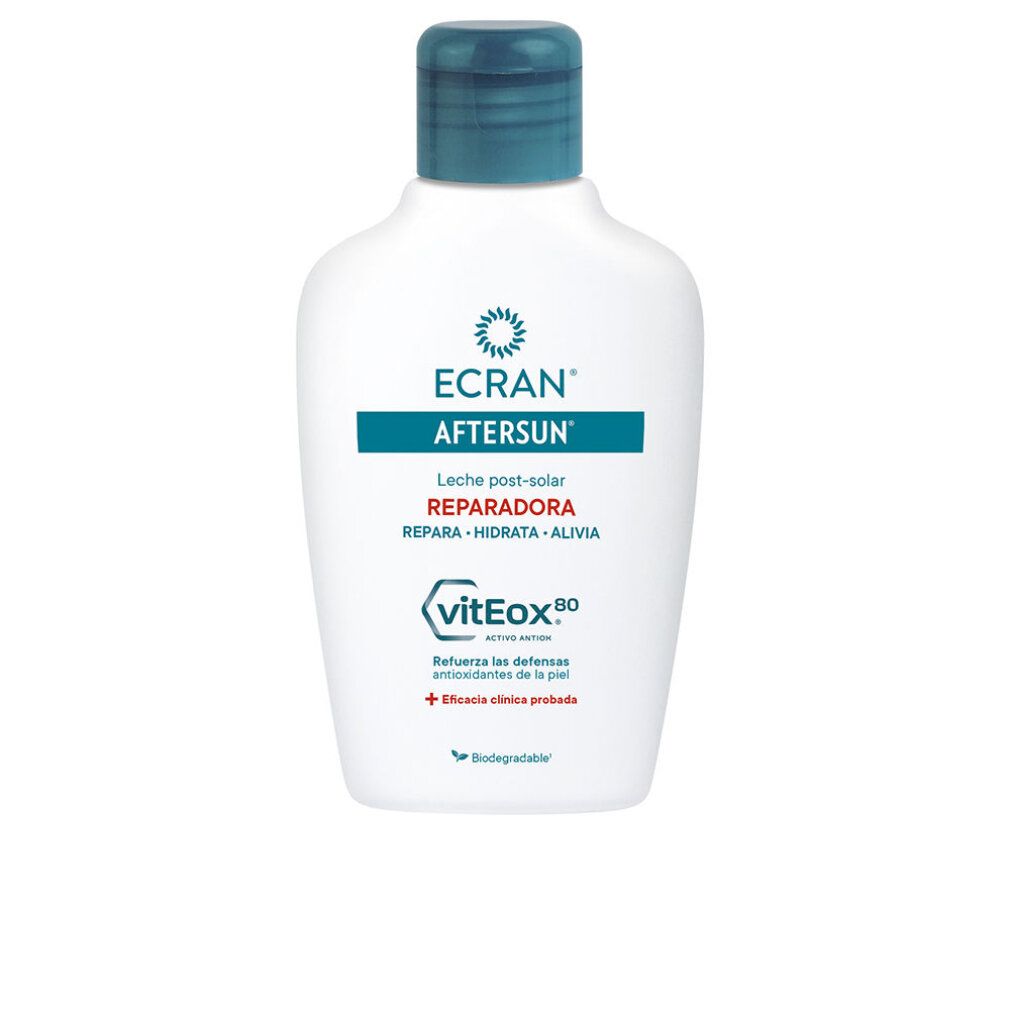 Weiße Flasche mit blauem Deckel. Aufschrift: ECRAN AFTERSUN, Reparierende After Sun Milch. Enthält vitEox80. Biologisch abbaubar.