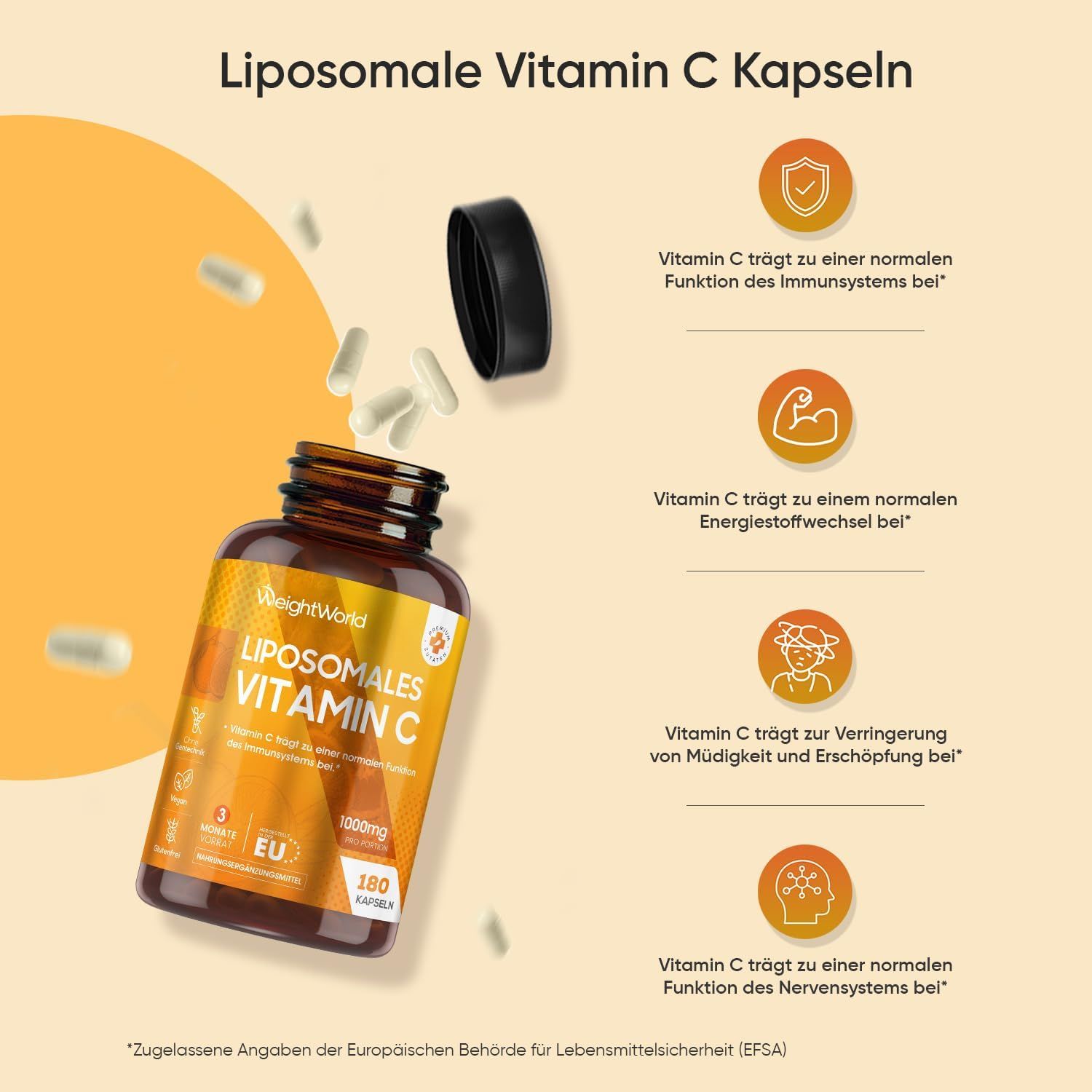 Geöffnete Flasche mit Kapseln. Aufschrift: Liposomales Vitamin C, 180 Kapseln. Text: Vitamin C trägt zur normalen Funktion des Immunsystems bei.