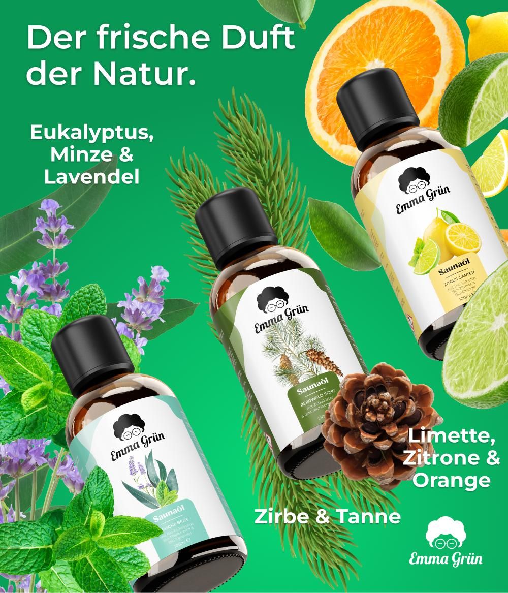 Emma Grün® Bio Saunaaufguss Set mit Bergwald Echo, Frische Brise & Zitrus Garten