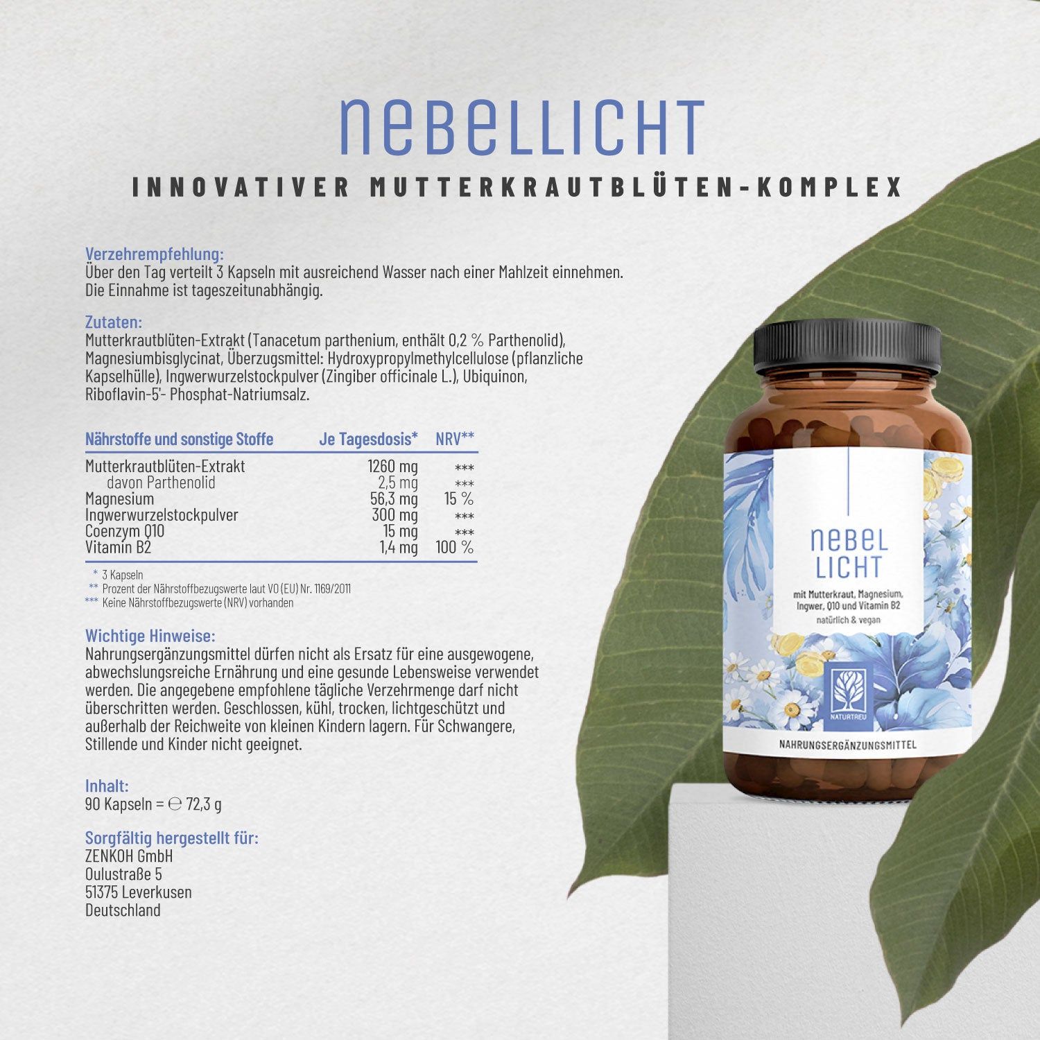 Mutterkraut, Magnesium, Ingwer, Q10 und Vitamin B2 - Nebellicht - NATURTREU®