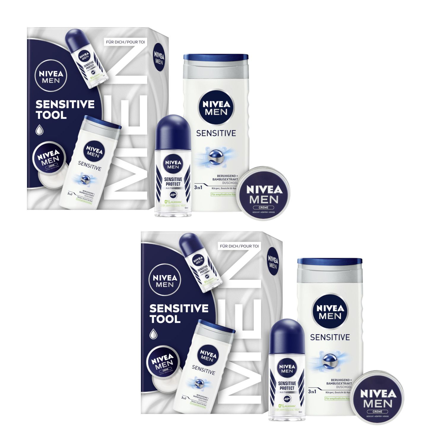 Geschenkset mit Duschgel, Roll-On und Creme. Produkte in weiß-blauer Verpackung. NIVEA MEN Sensitive Tool.