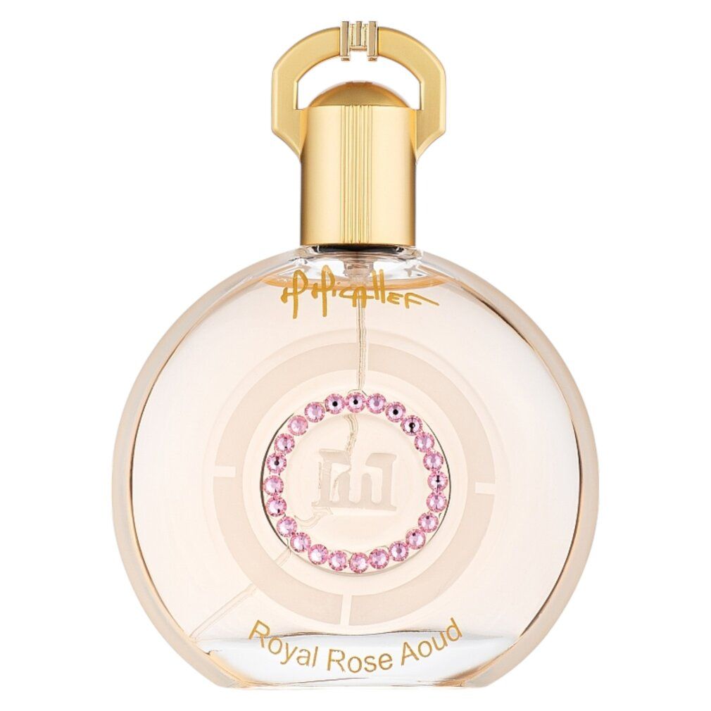 Runder Glasflakon mit goldenem Verschluss. Aufschrift: Royal Rose Oud. Marke: M. Micallef. Rosa Schmucksteinring.