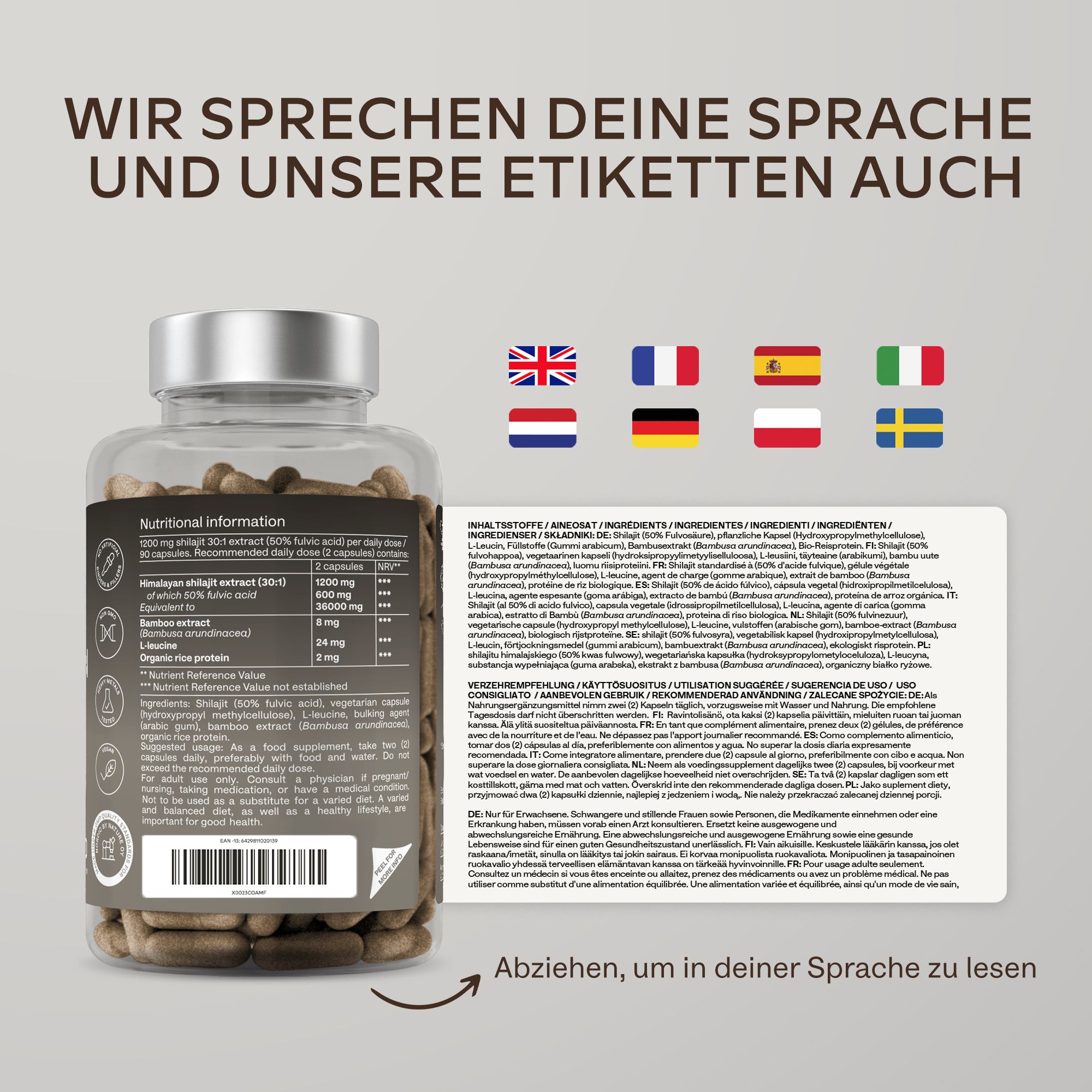 Flasche mit Kapseln und Etikett. Text: Nährwertangaben, Inhaltsstoffe. Flaggen: GB, FR, ES, IT, SE.