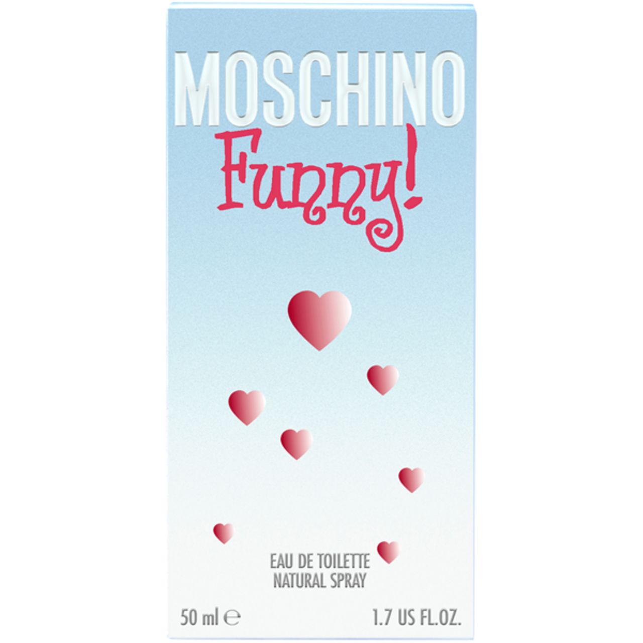 Hellblaue Schachtel mit Herzmotiven und Schriftzug 'MOSCHINO Funny!'. Text 'Eau de Toilette' und Volumenangabe.