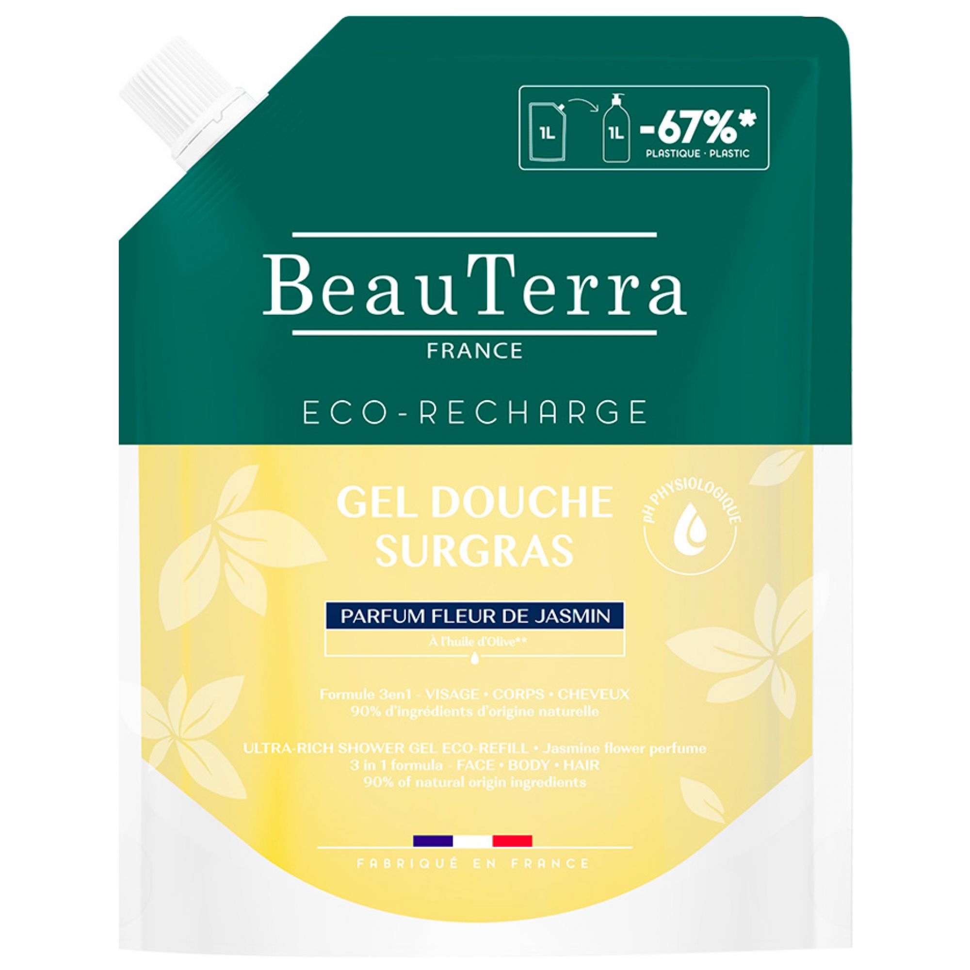 BeauTerra Rückfettendes Duschgel Jasminblüte Eco-Recharge 15x8,5x23 cm