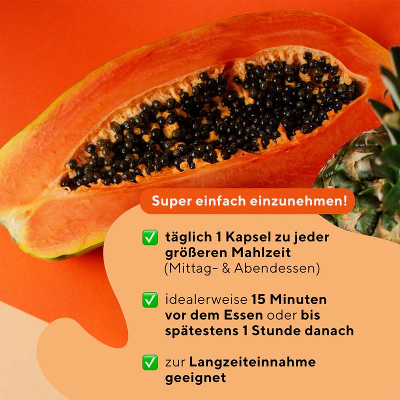Halbierte Papaya mit Samen und Ananas. Text: Täglich 1 Kapsel zu jeder Mahlzeit, idealerweise 15 Minuten vor dem Essen, zur Langzeiteinnahme geeignet.