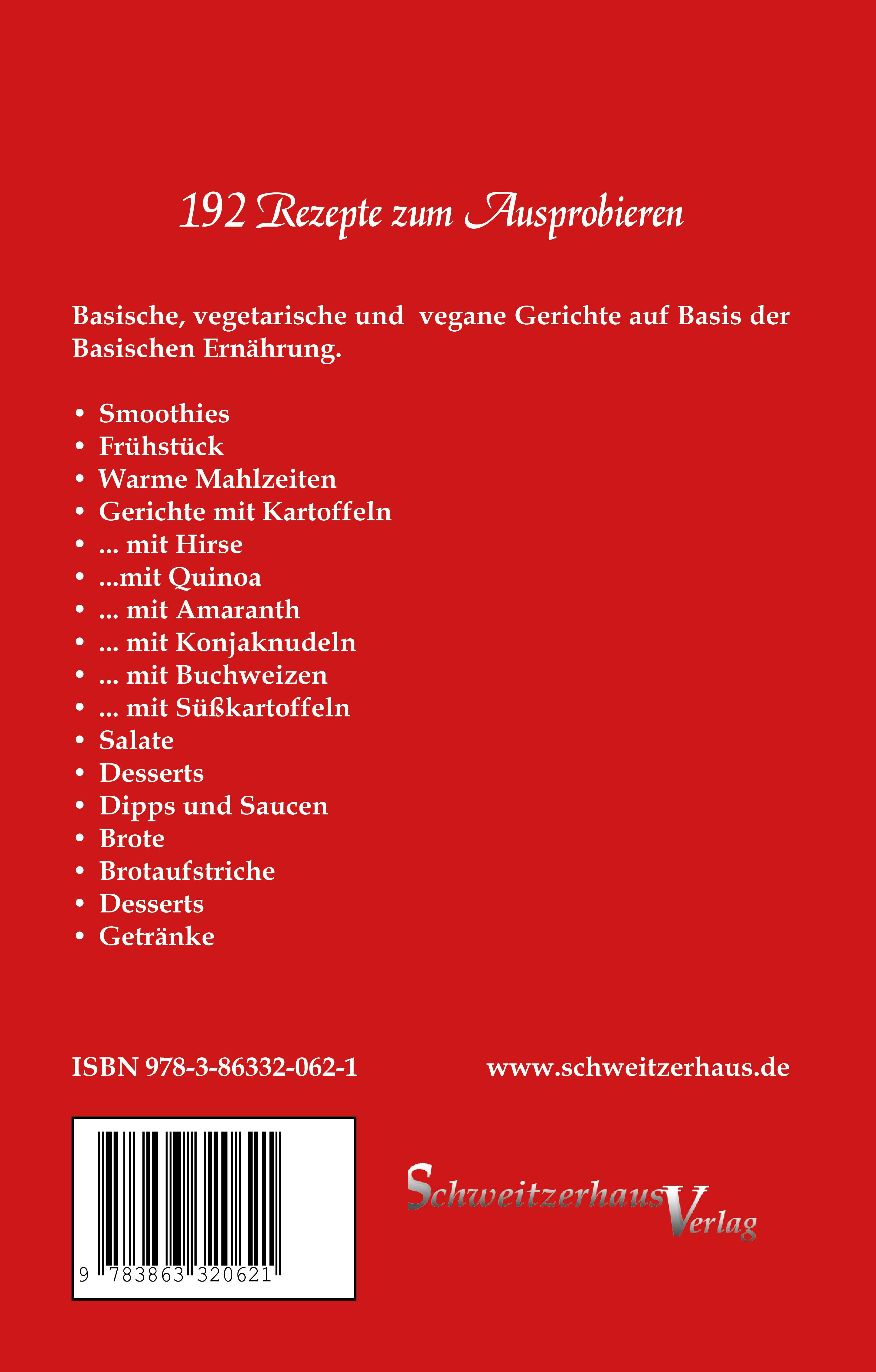 Rückseite des Buches Gesund mit basischer Ernährung Band 3. Roter Hintergrund, Text: 192 Rezepte, ISBN, Verlag.