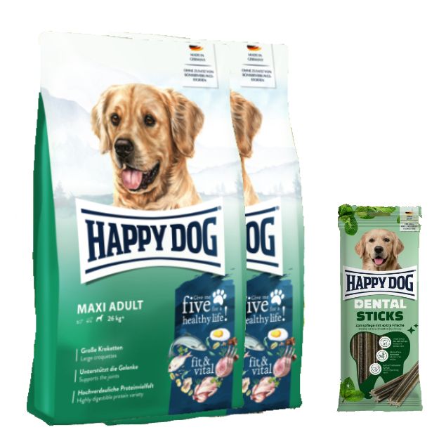 Happy Dog Fit & Vital Maxi Adult Doppelpack + Dental Sticks für Hunde 28,1 kg