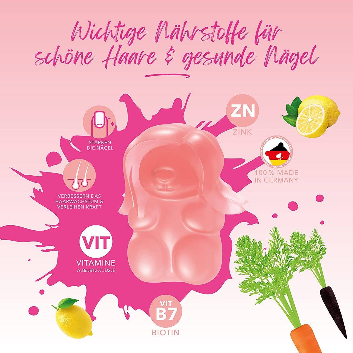 Gummibärchen, Zink, Zitrone, Karotte. Aufschrift: Wichtige Nährstoffe für schöne Haare & gesunde Nägel. Vitamine.