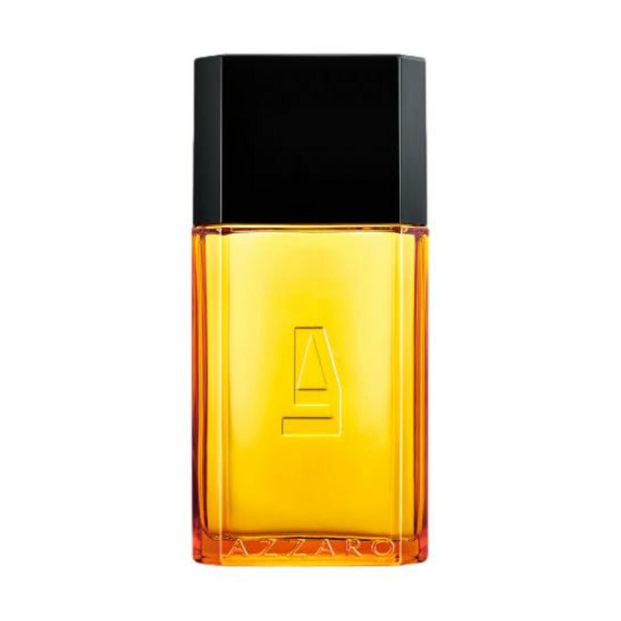 Azzaro Pour Homme Eau de Toilette Spray. Flakon mit gelber Flüssigkeit. Schwarzer Deckel. Eckige Form.